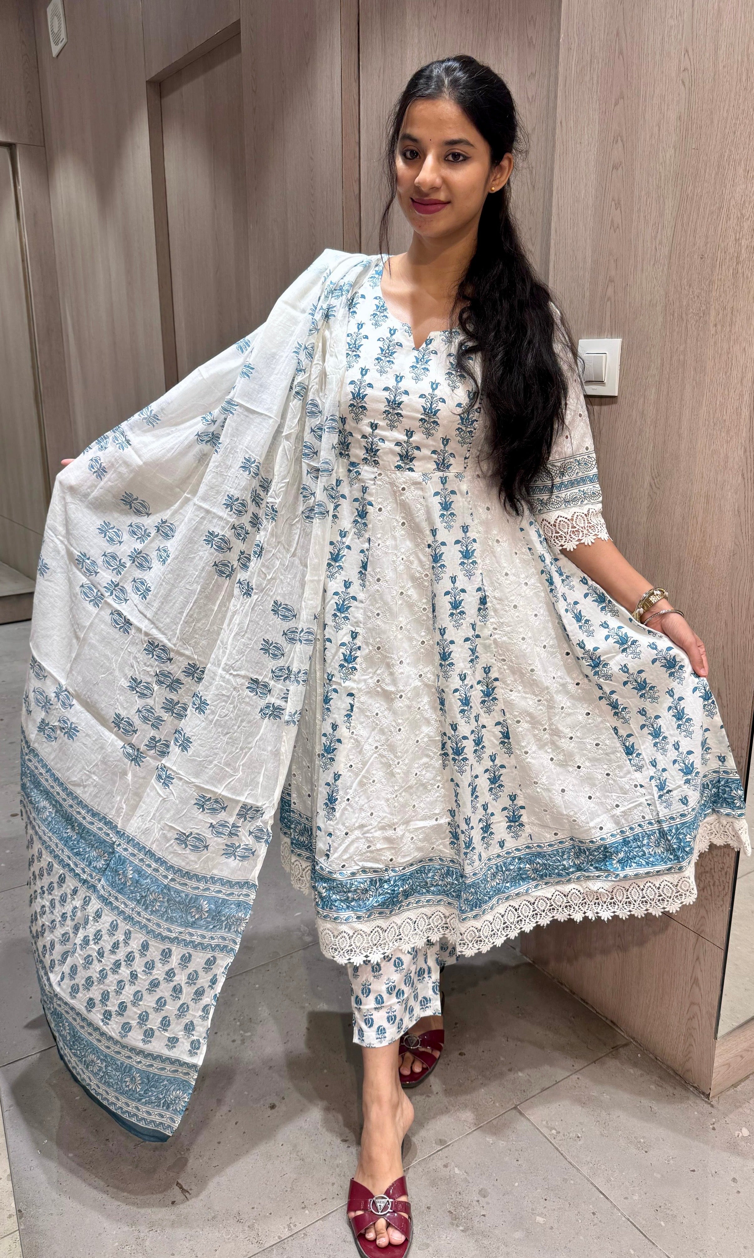 Blue white cotton Anarkali kurta set