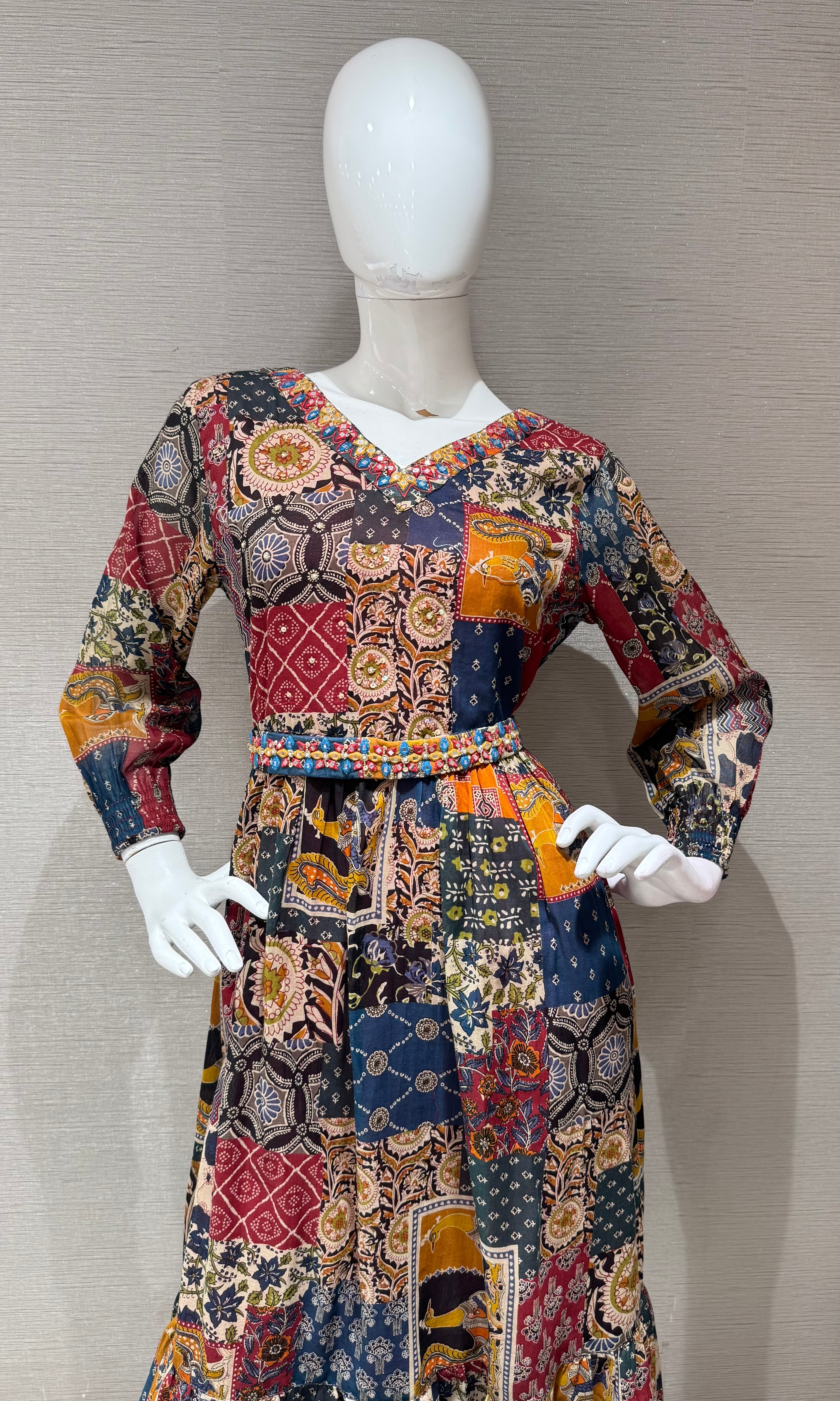 BROWN multicolor patchwork print frock