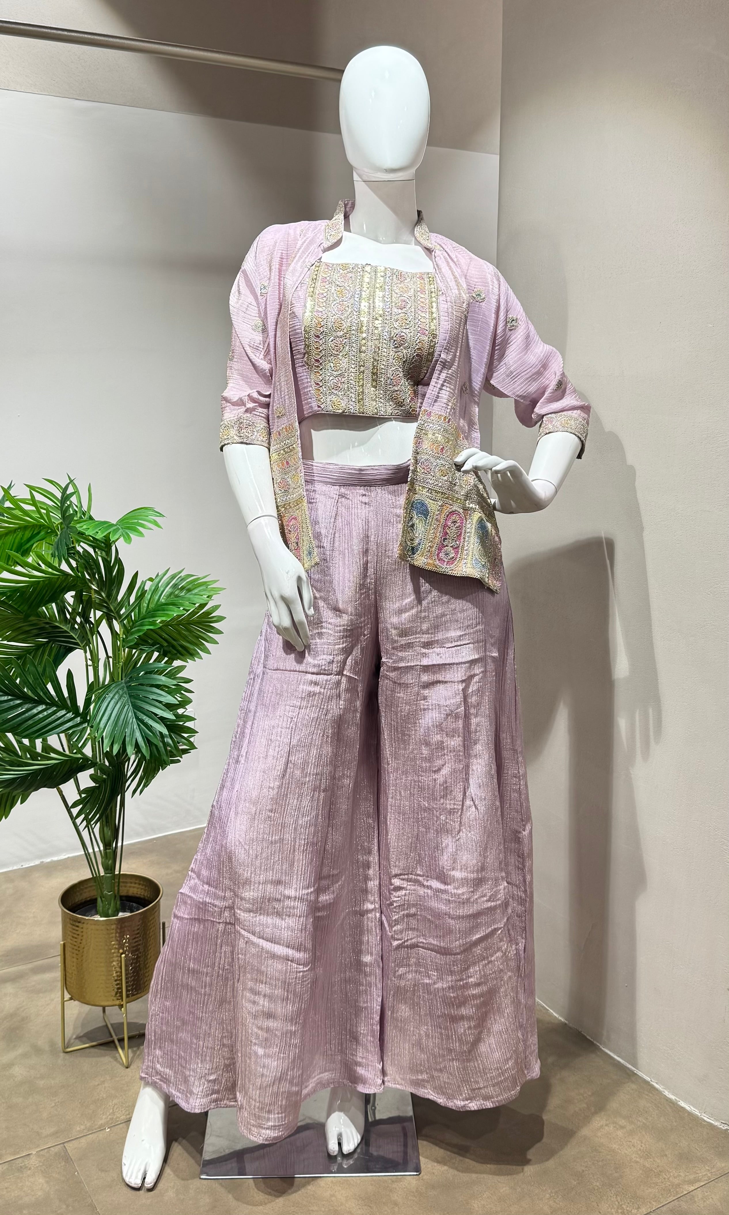 Light purple crop top palazzo with jacket