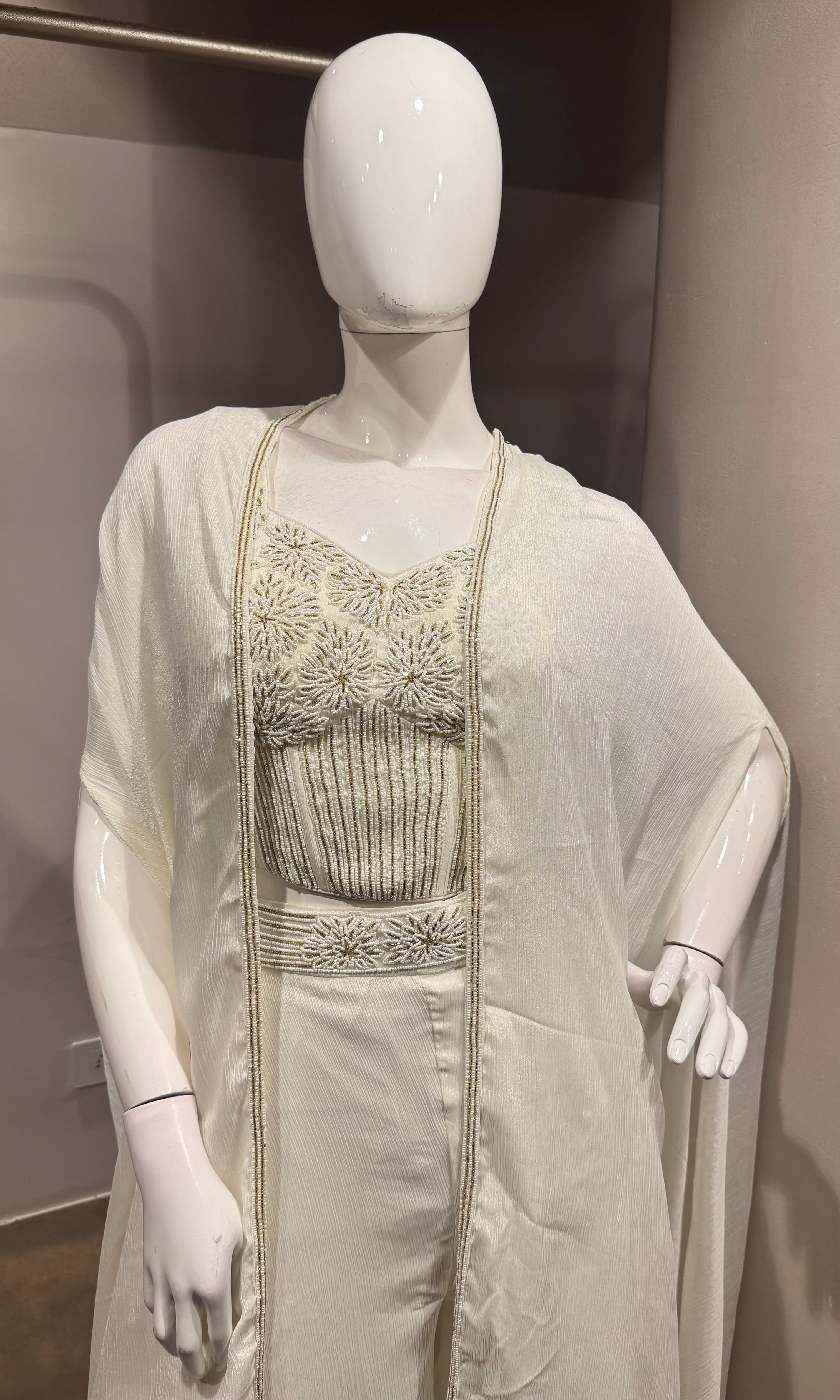 White Palazzo Set with Embroidered Crop Top and Cape Jacket