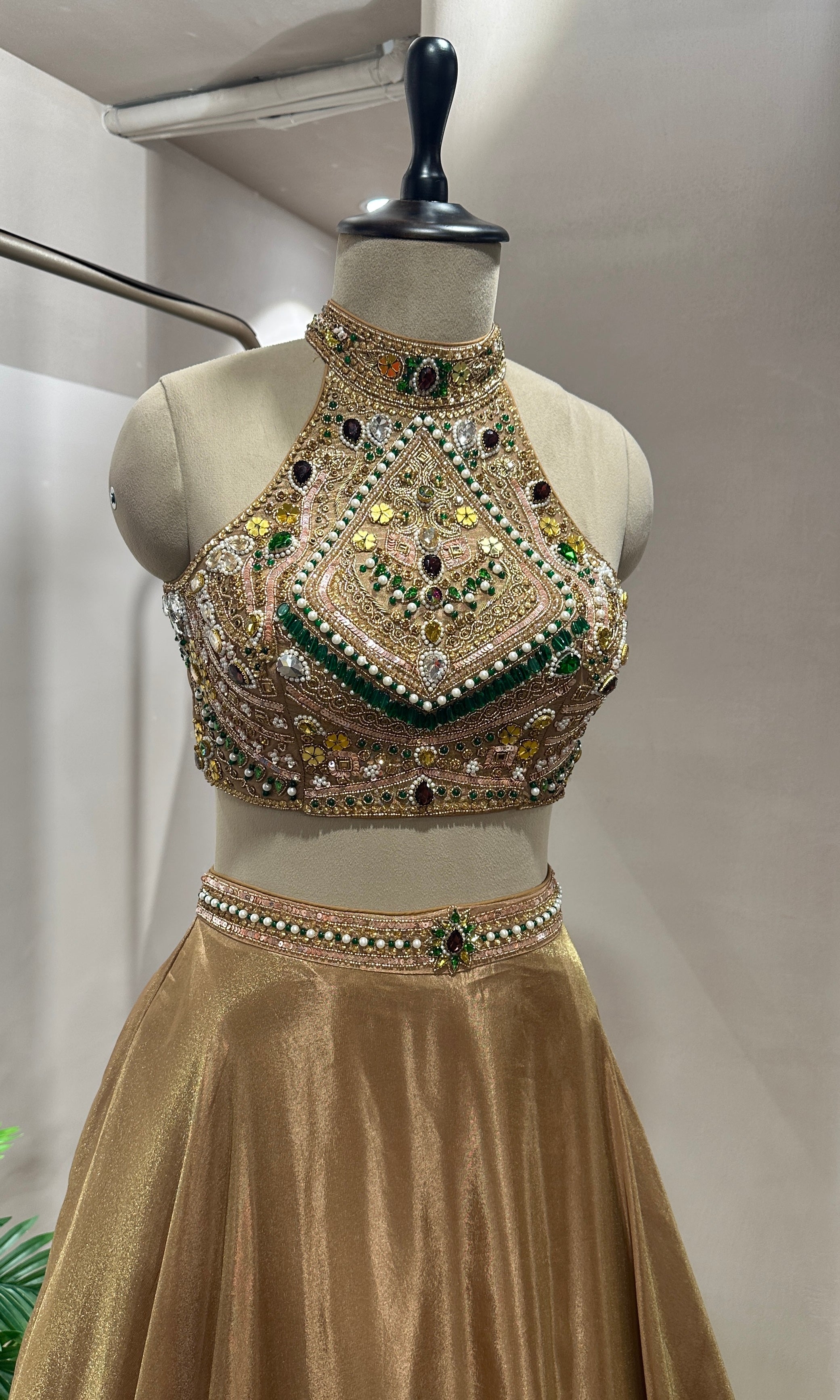 Golden lehenga with embellished halter neck