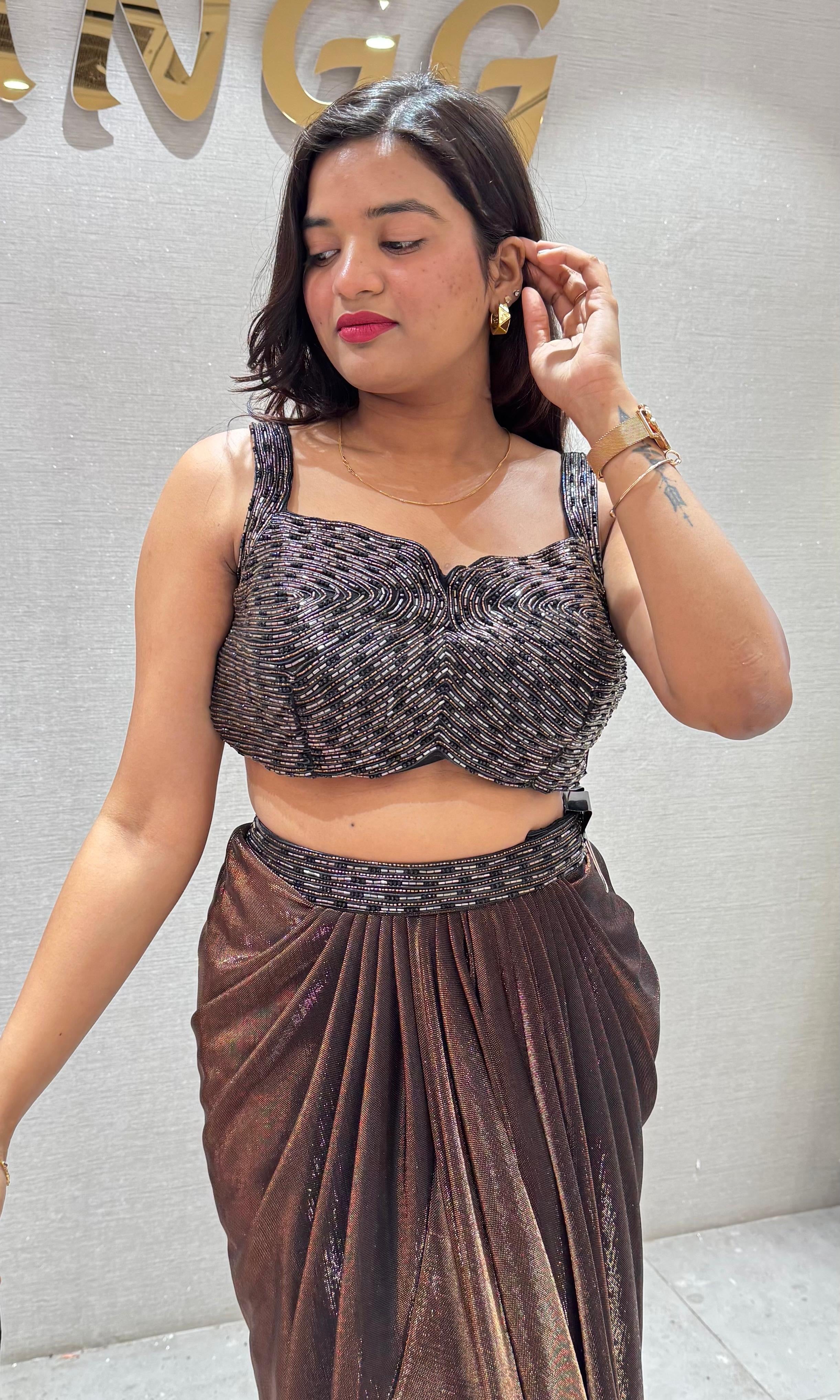 Brown SHIMMERING DRAPE SKIRT WITH BLOUSE