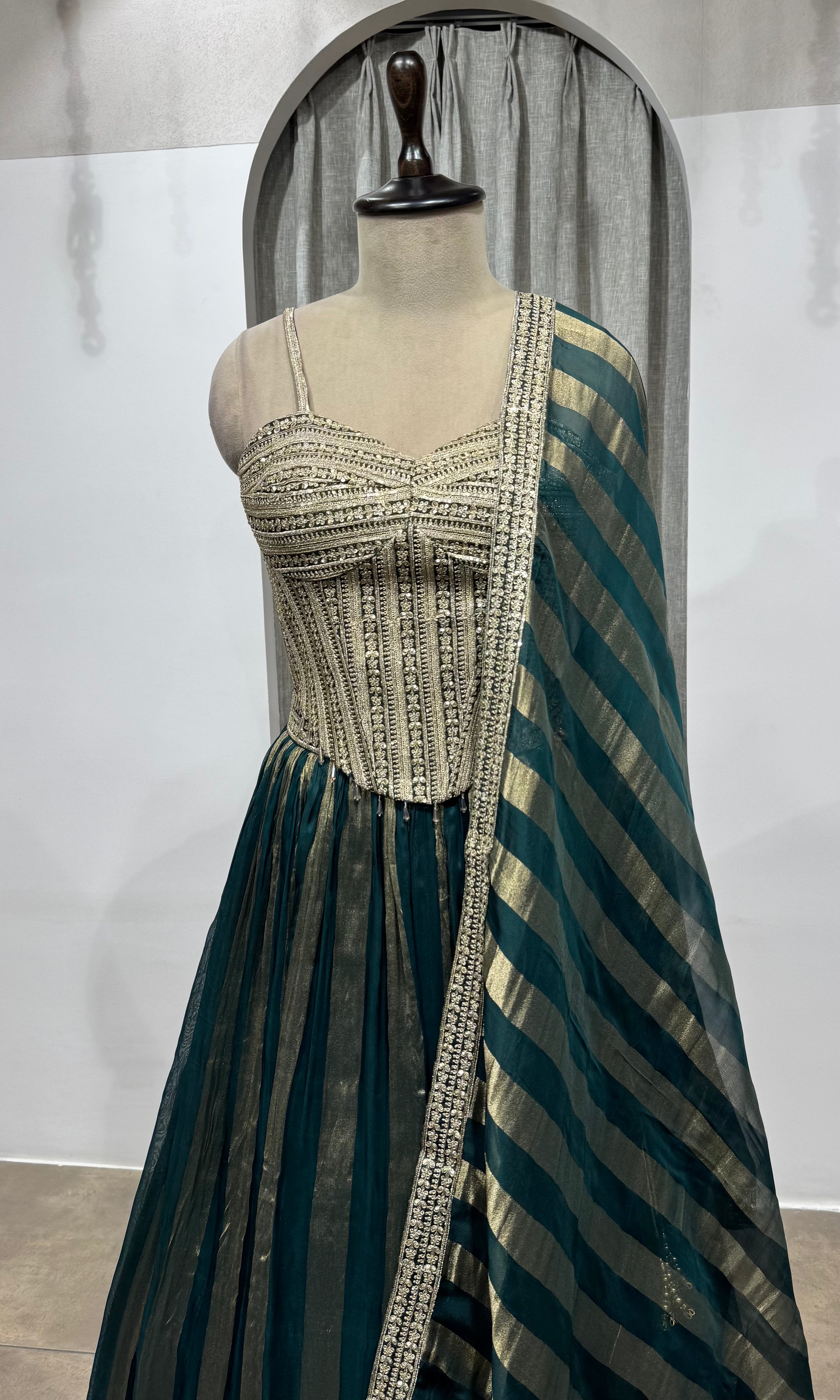 green and gold striped corset lehenga
