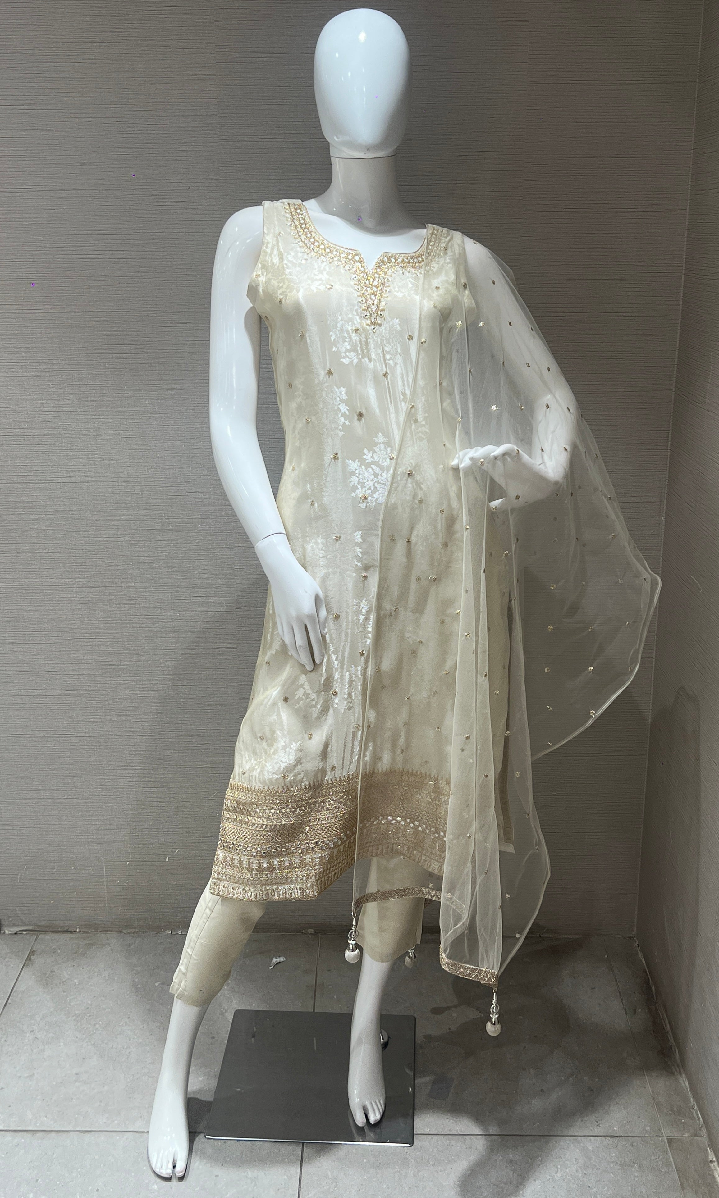 Cream and Gold Embroidered Kurta Set