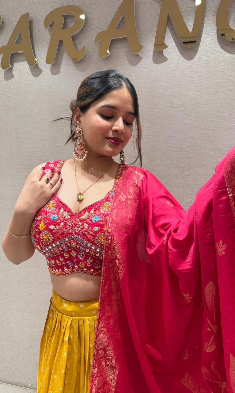 sunshine yellow and rani pink lehenga