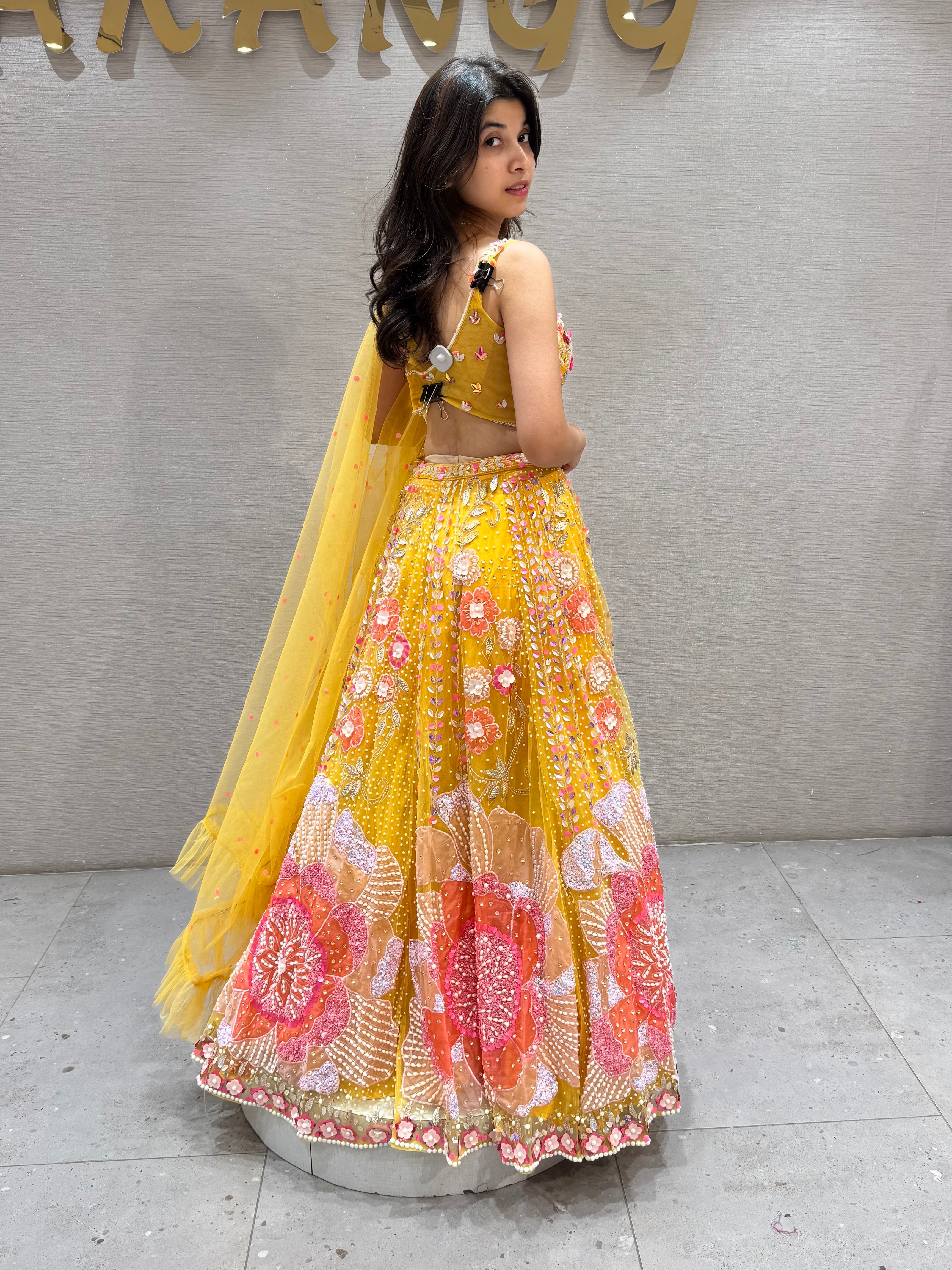 Lemon Yellow Organza Printed Lehenga set