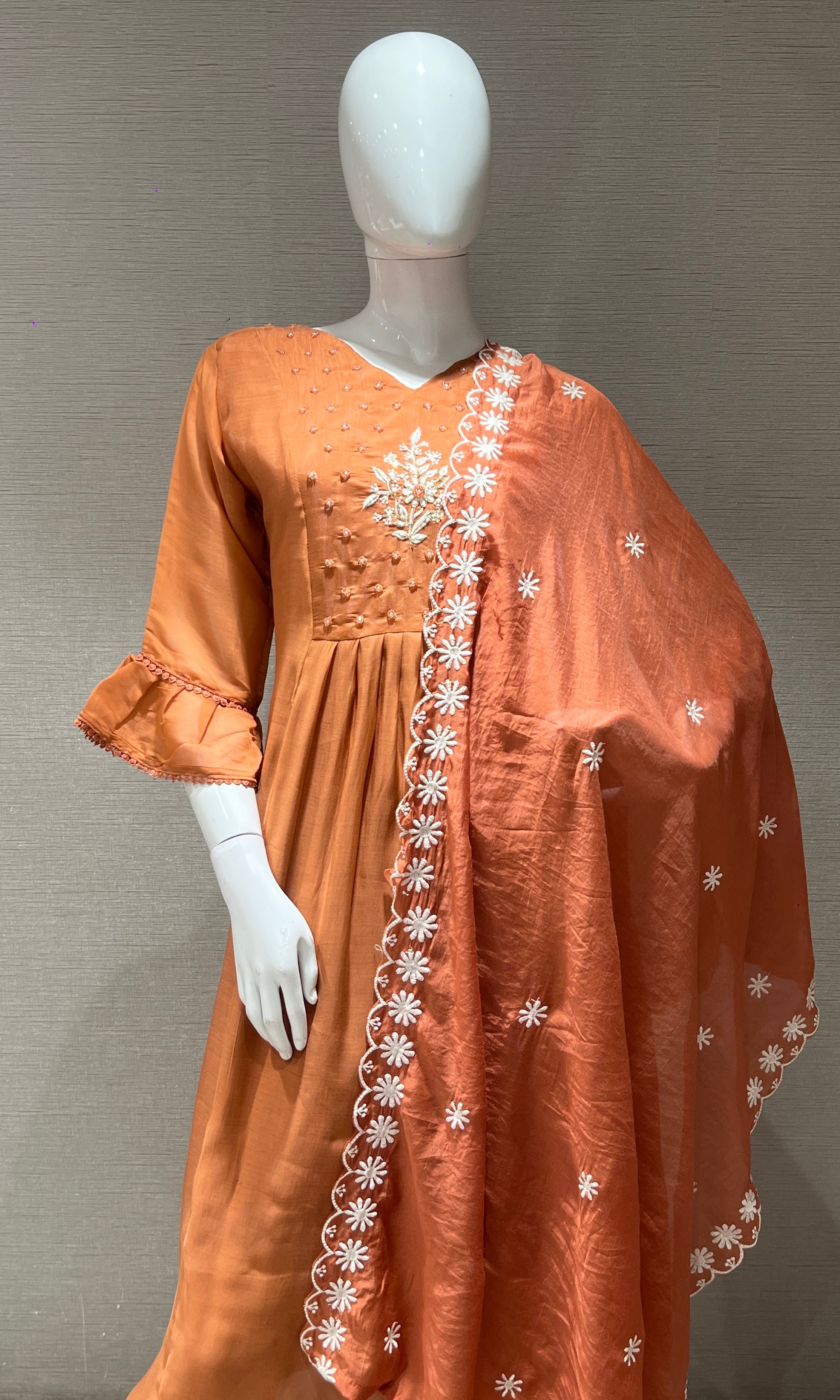 Rust floral embroidered MUL CHANDERI kurta set