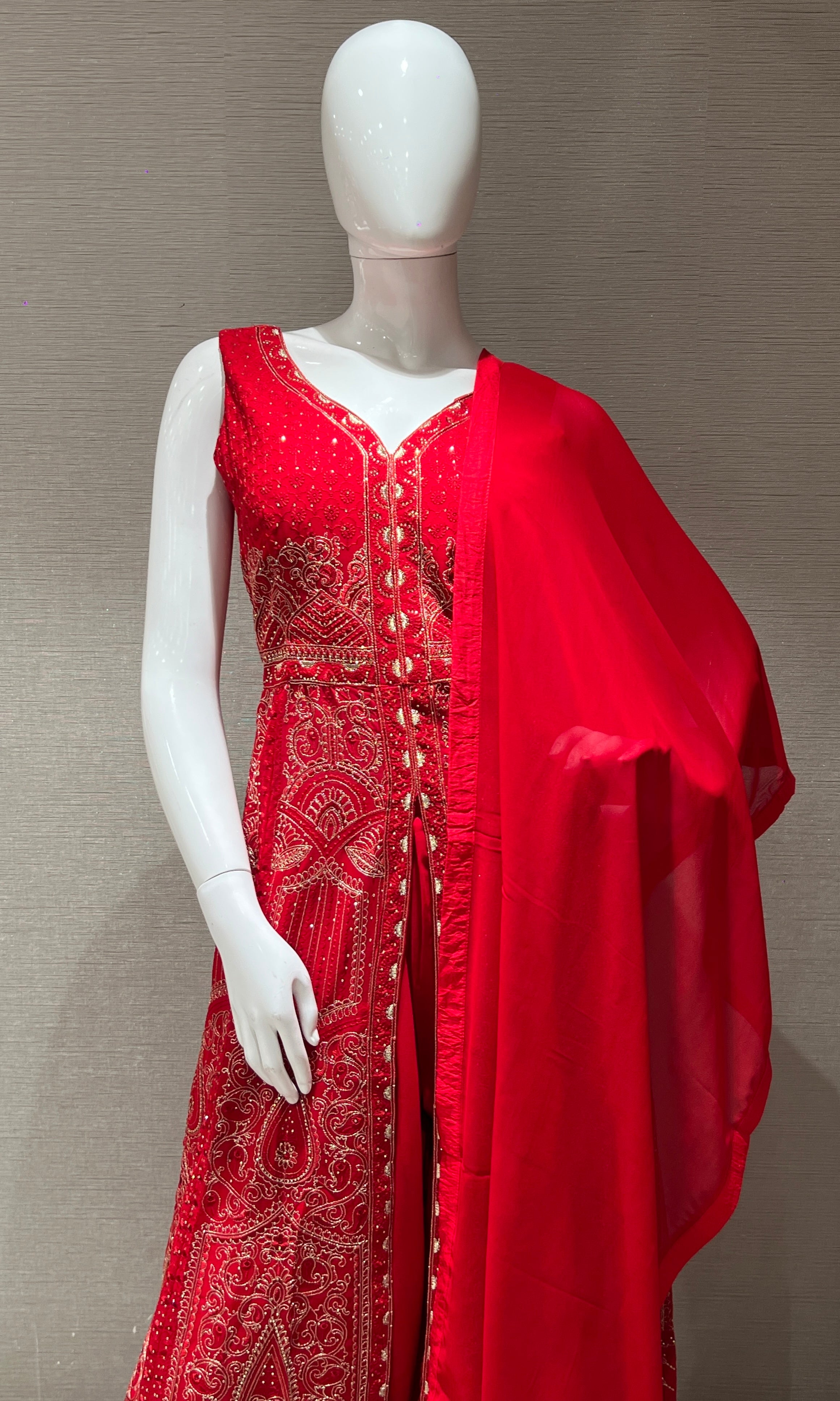 Red front slit Anarkali with palazzo pants