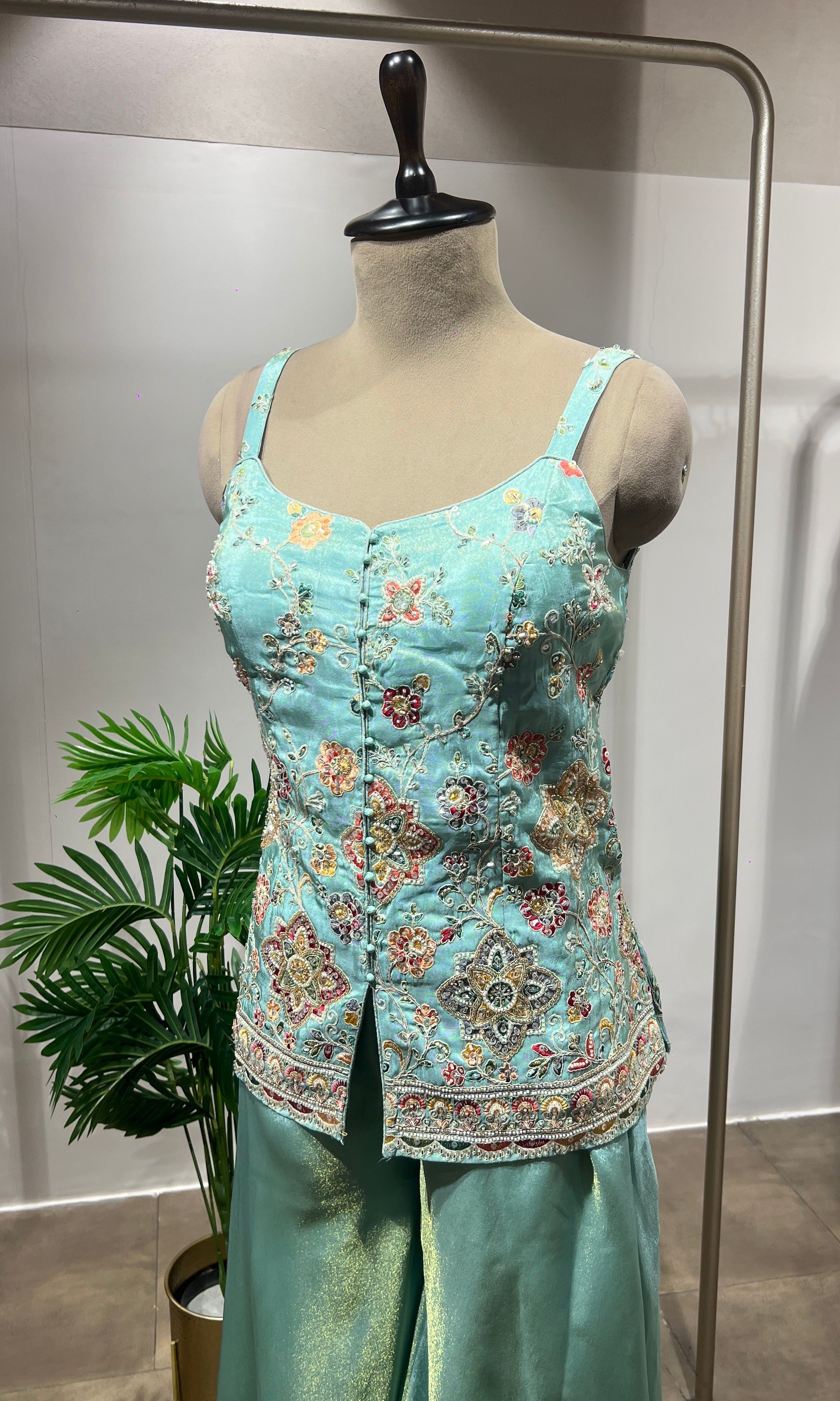 PISTA Green Shimmer Tissue Peplum Suit