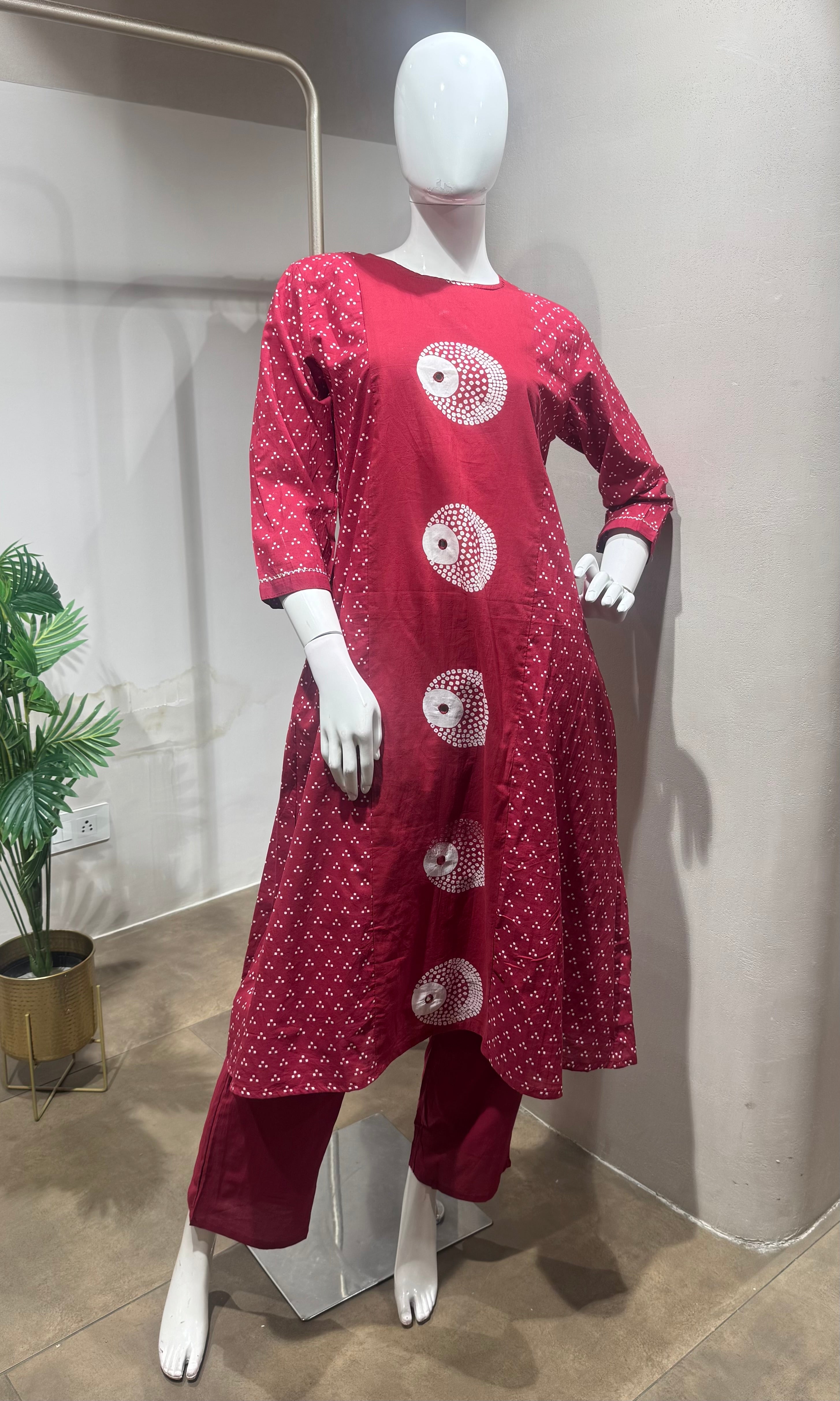Red Cotton Bandhani Printed Kurta Set