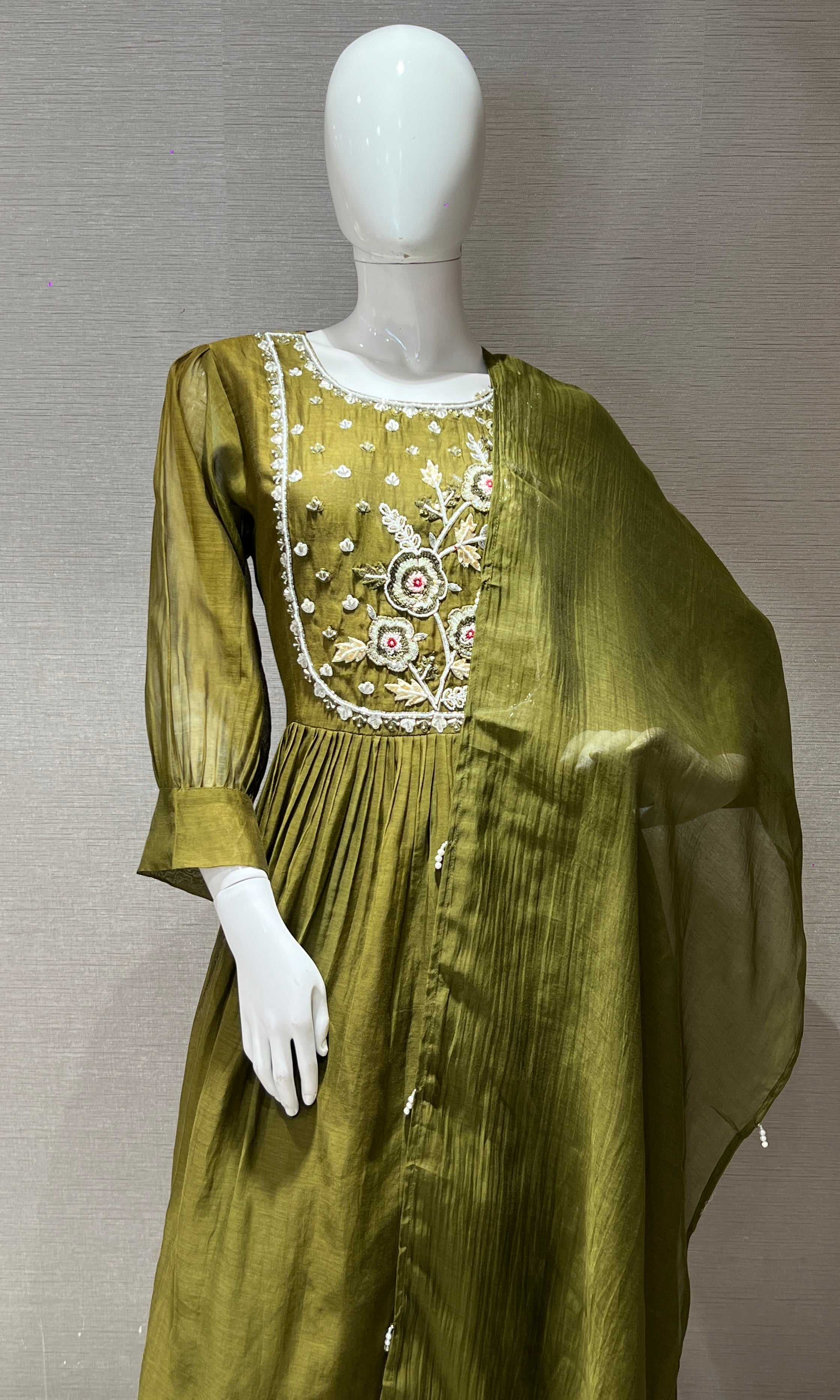 olive green Mul Chanderi kurta set