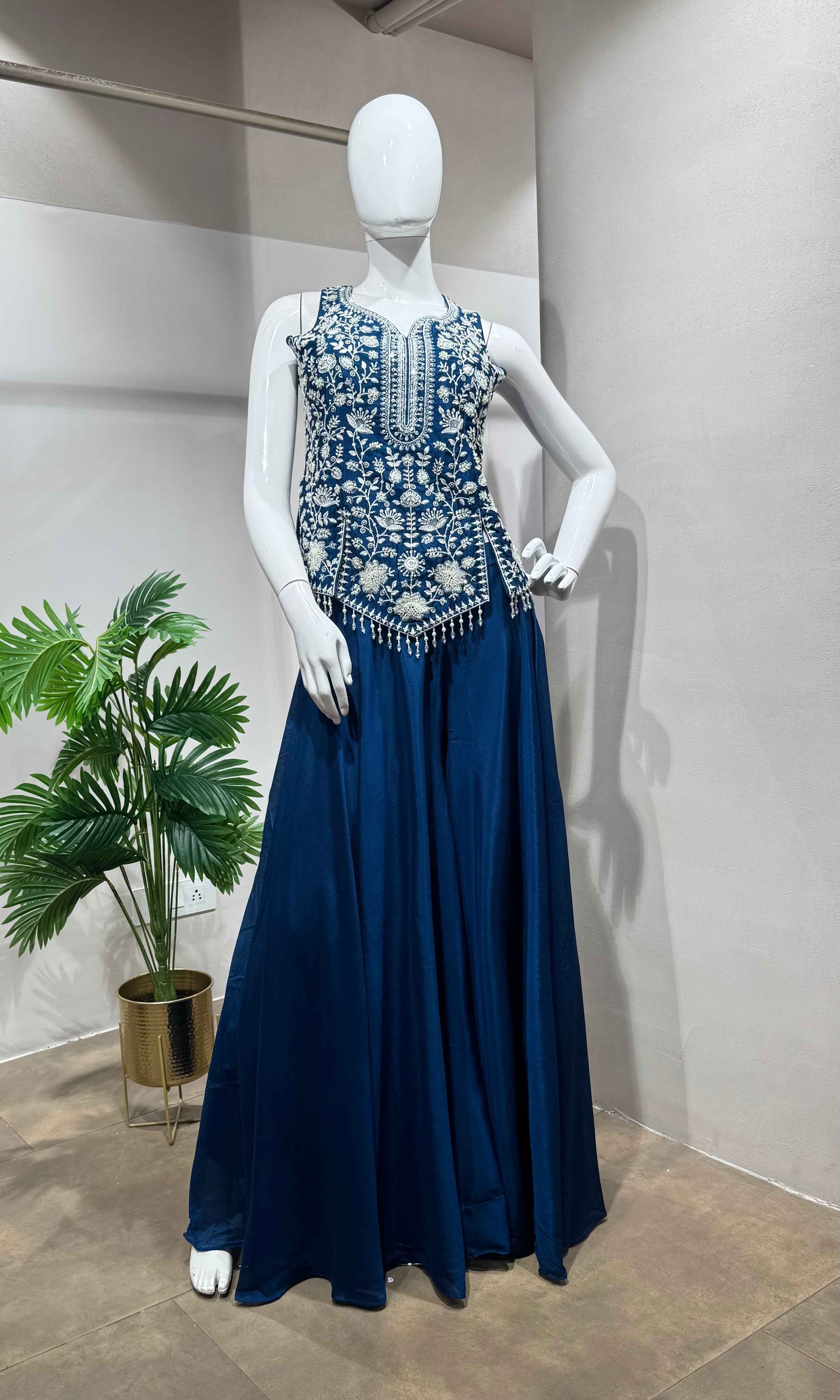 Blue Embroidered Peplum & Palazzo Set