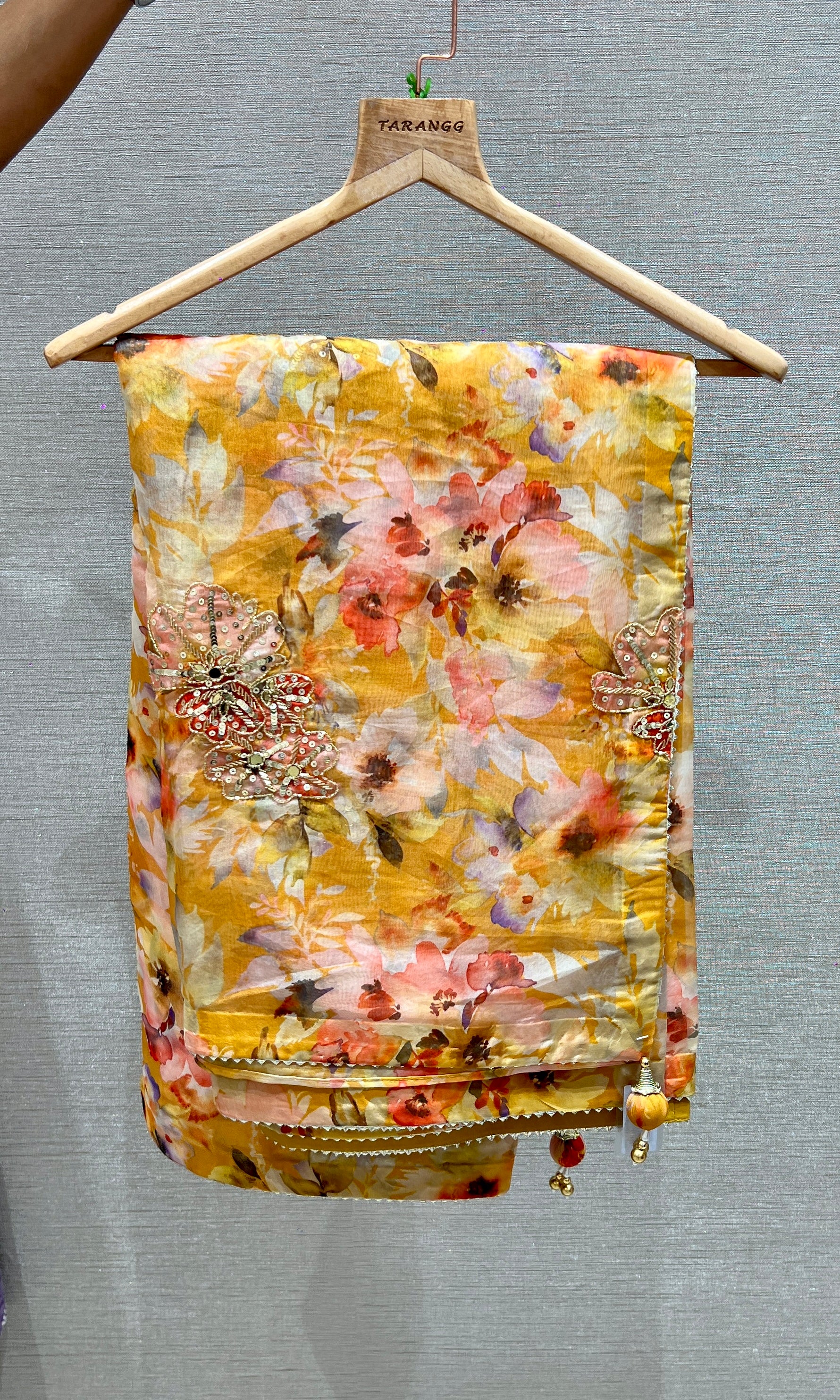 Mustard yellow floral saree with ready blouse