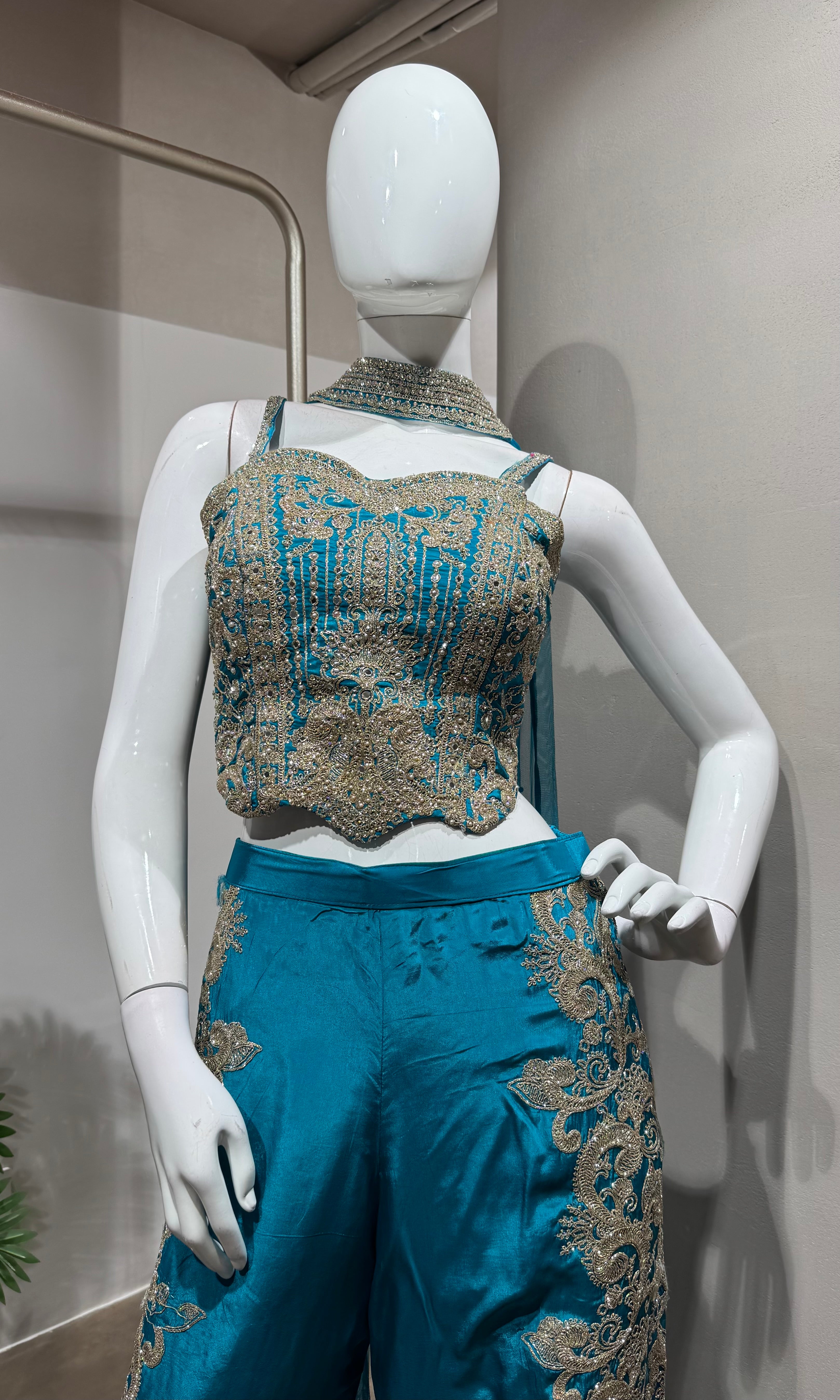 Rama blue Embroidered Indo-Western Set