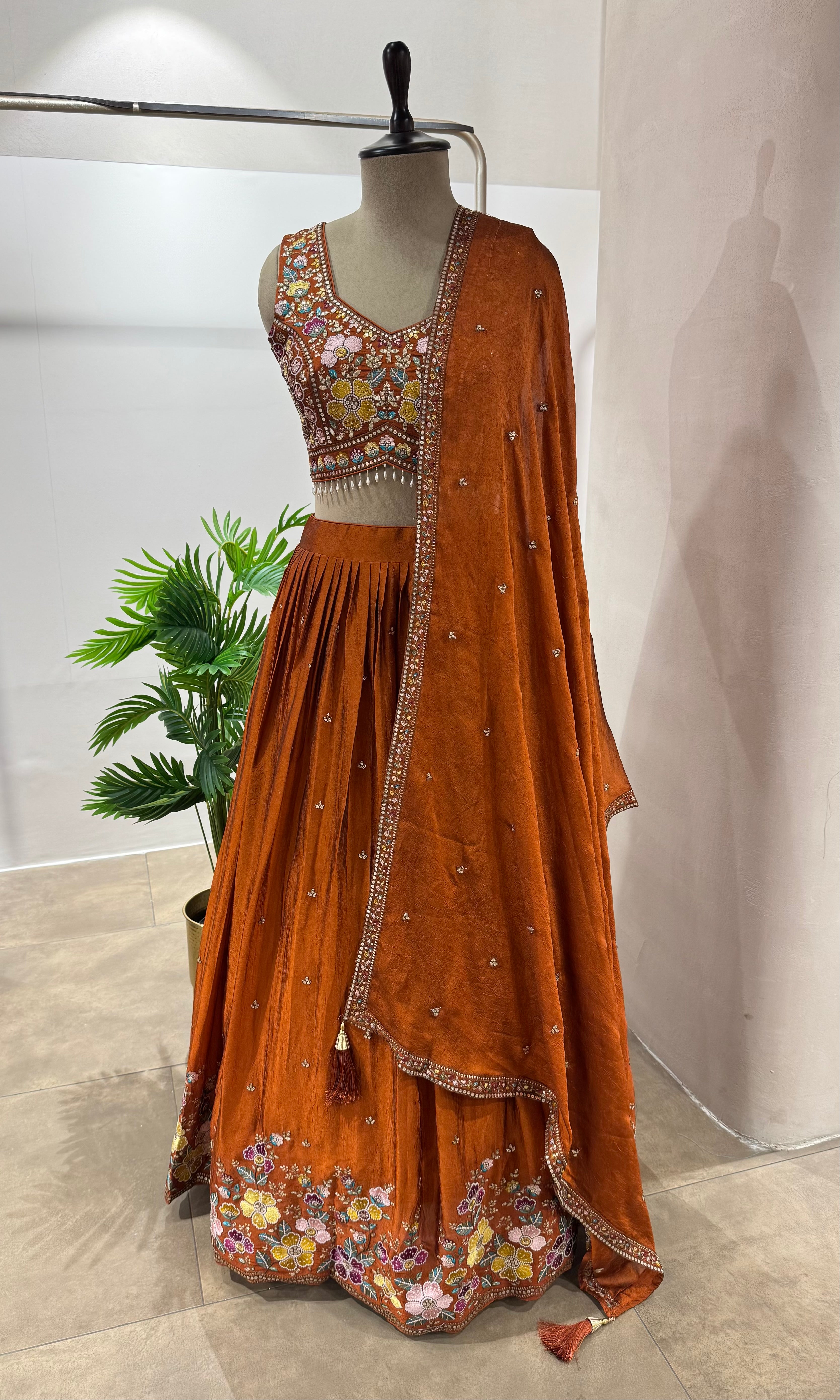 Rust FLORAL EMBROIDERED LEHENGA SET