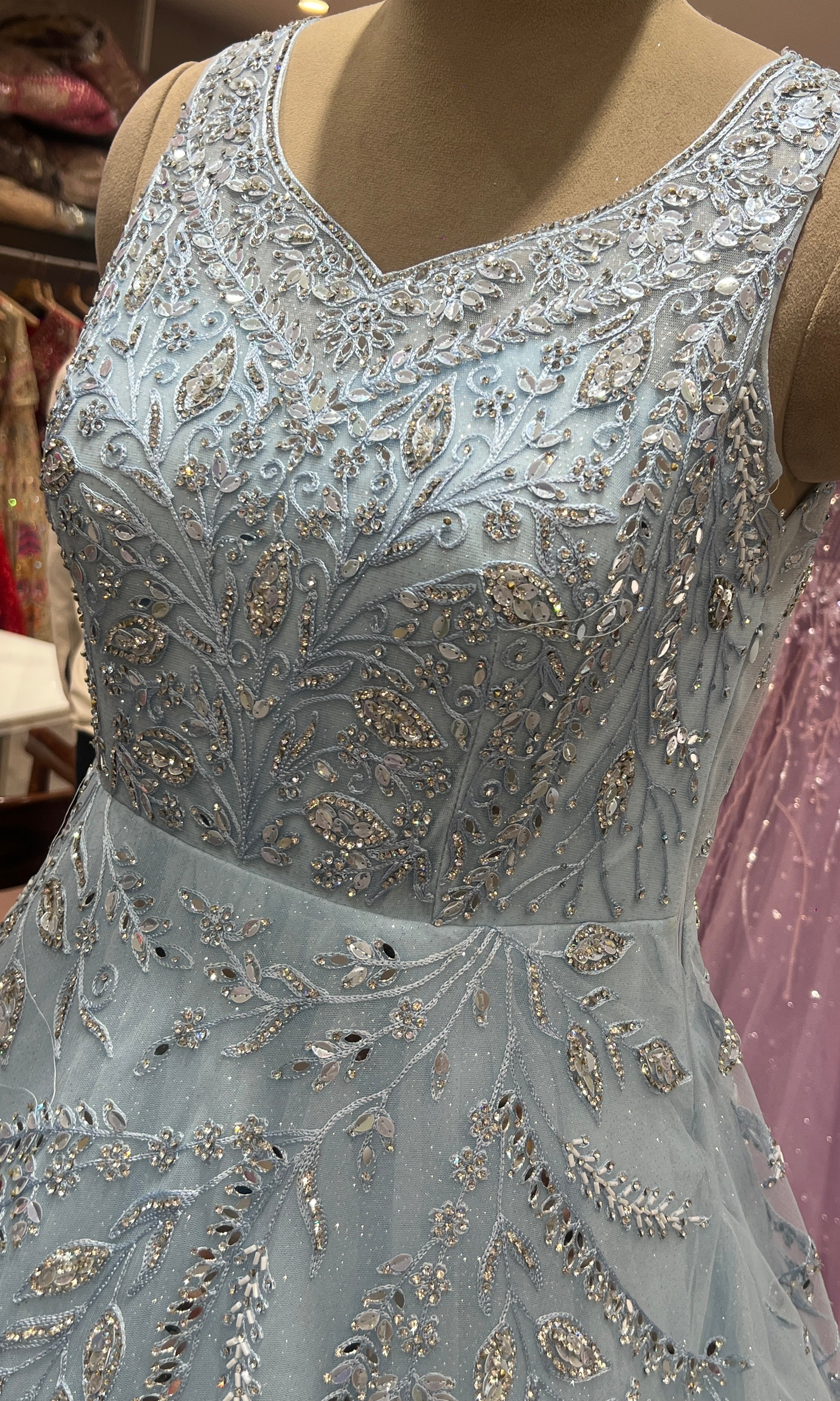 sea Blue Crystal Embellished Gown