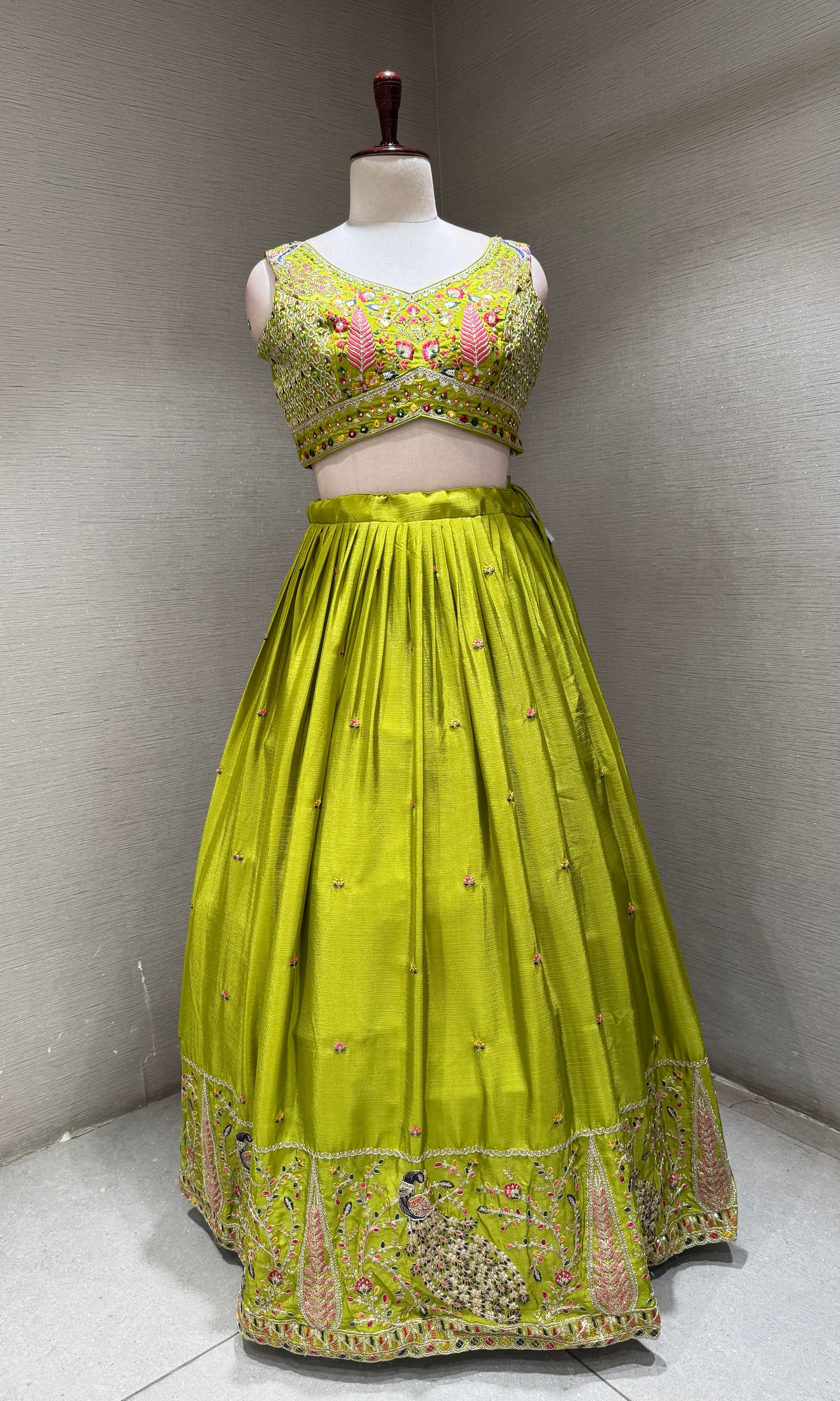 Lime Green Lehenga Choli Set with Pink Accents