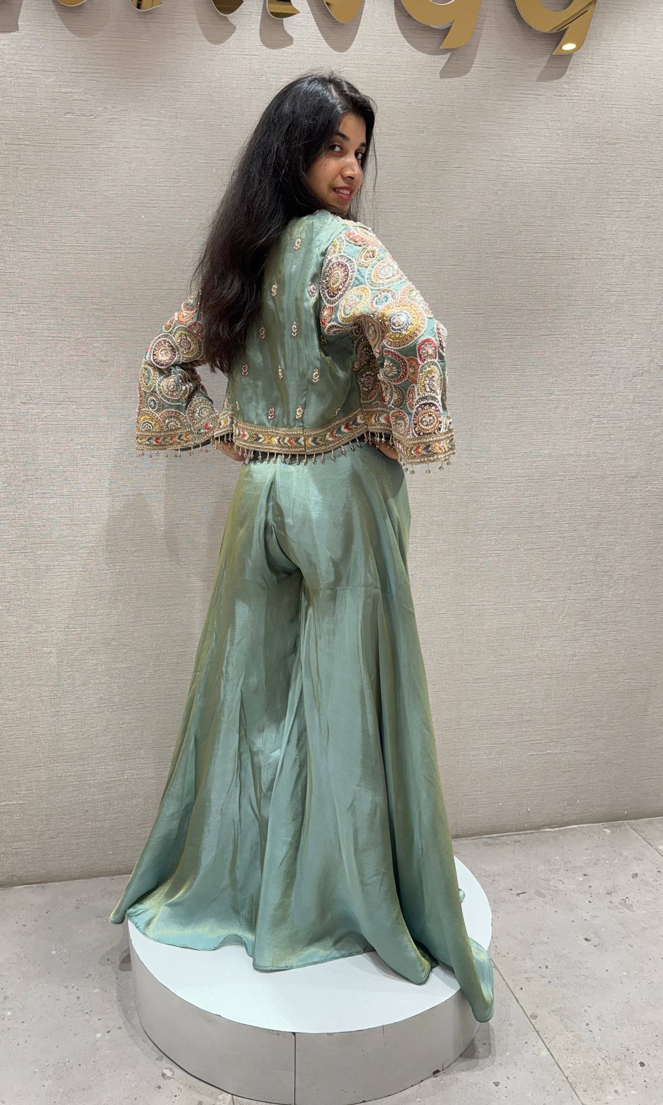 Green EMBROIDERED palazzo WITH JACKET