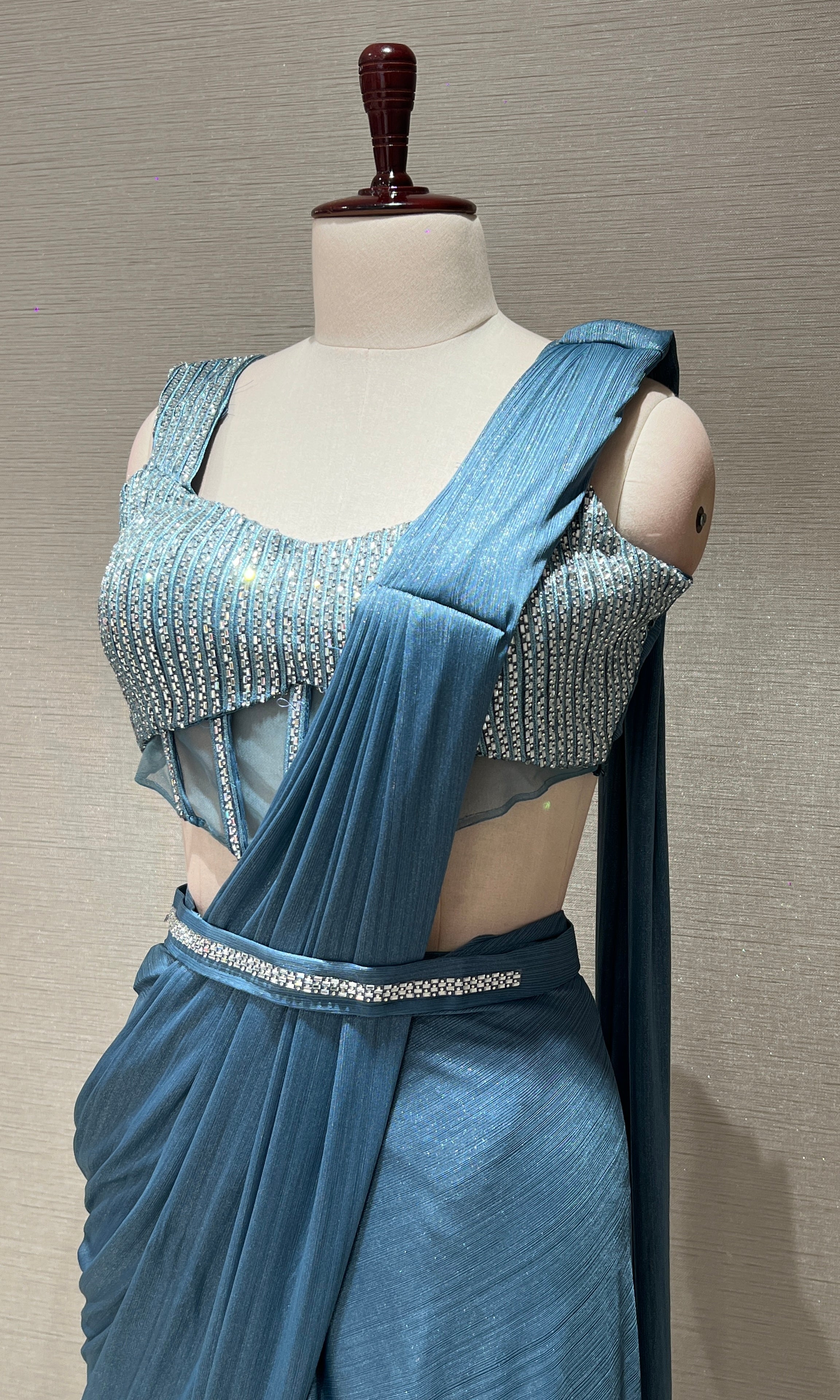 Sea blue drape saree WITH BLOUSE AND BELT