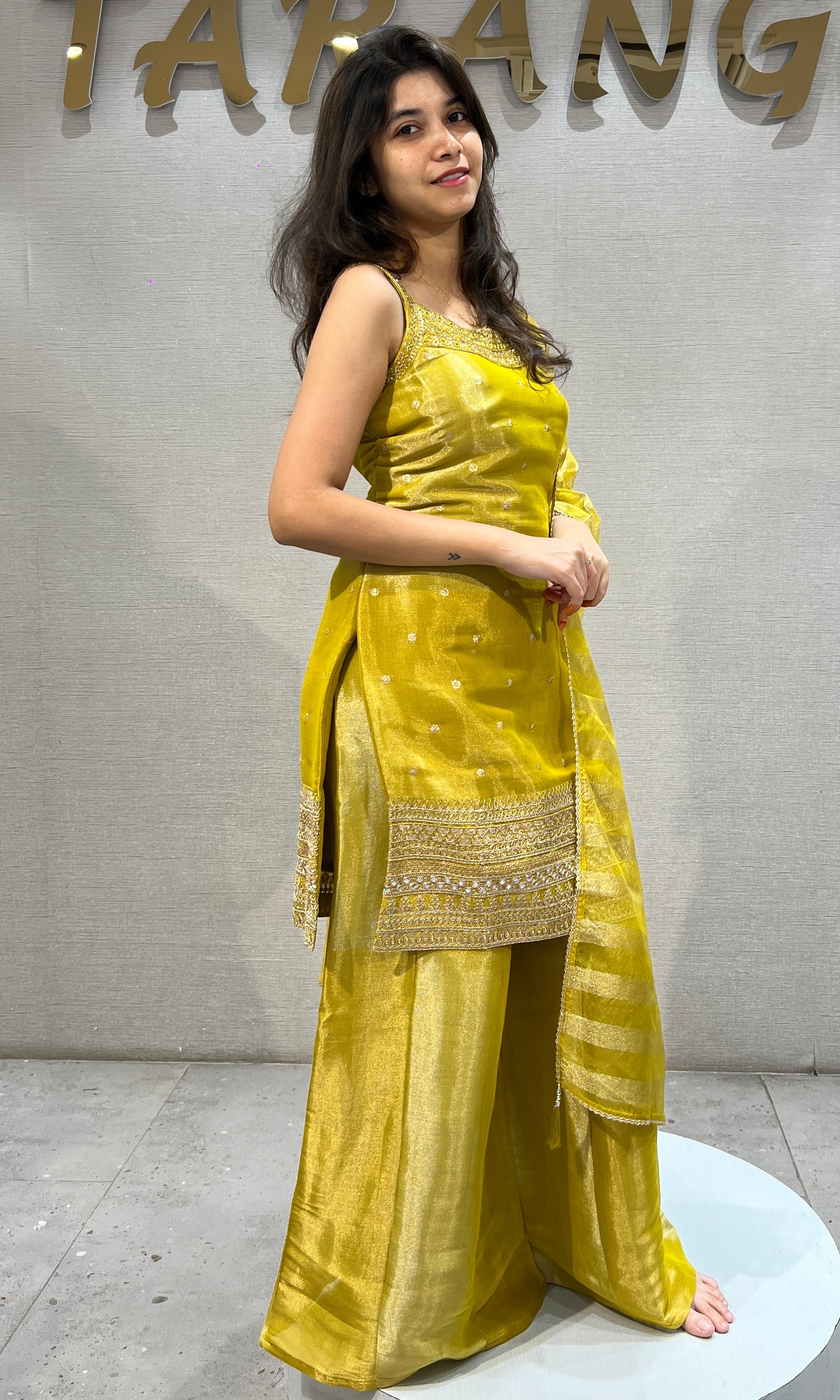 Mustard Yellow Shimmer Tissue Sharara Set