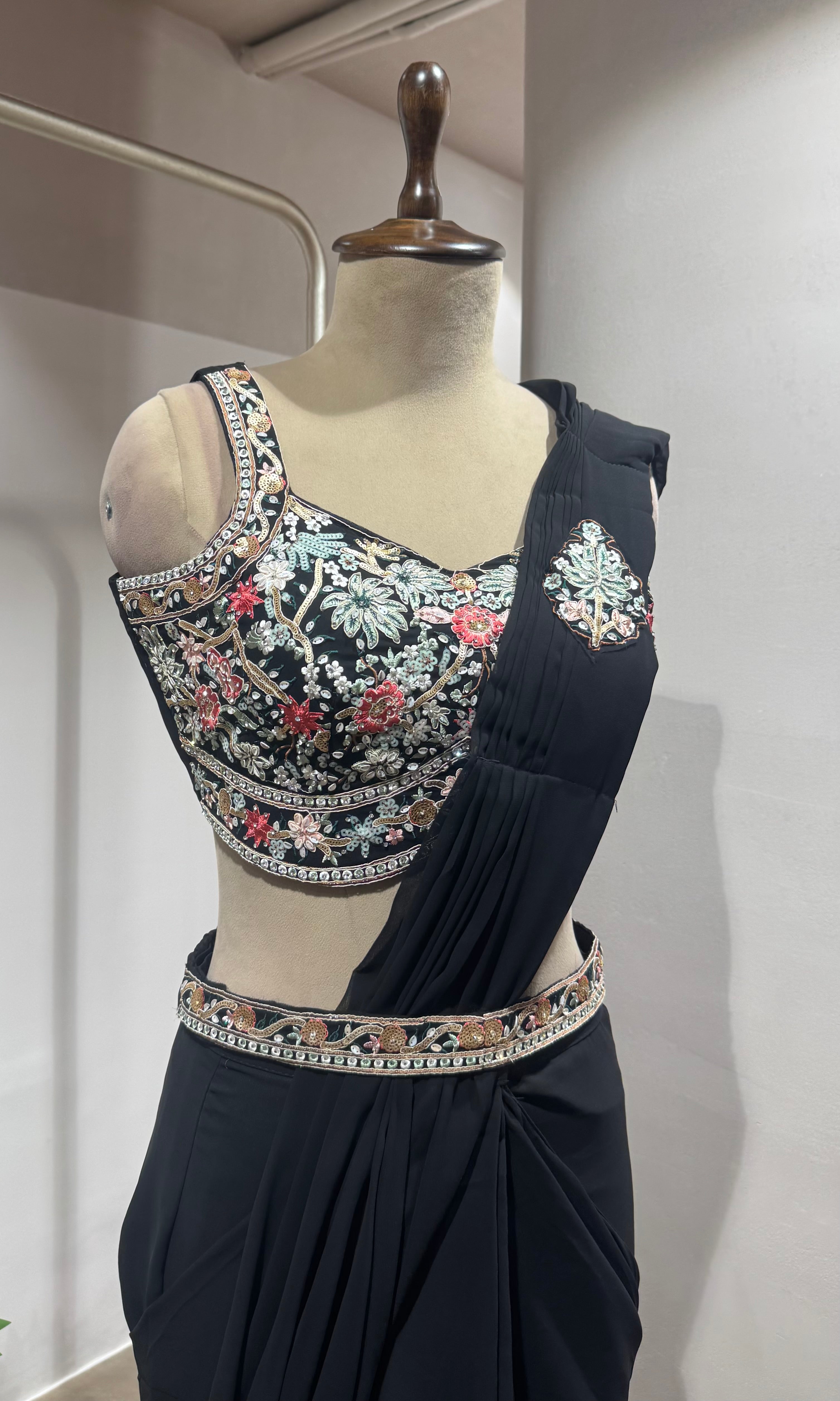 black drape saree with floral blouse & BELT