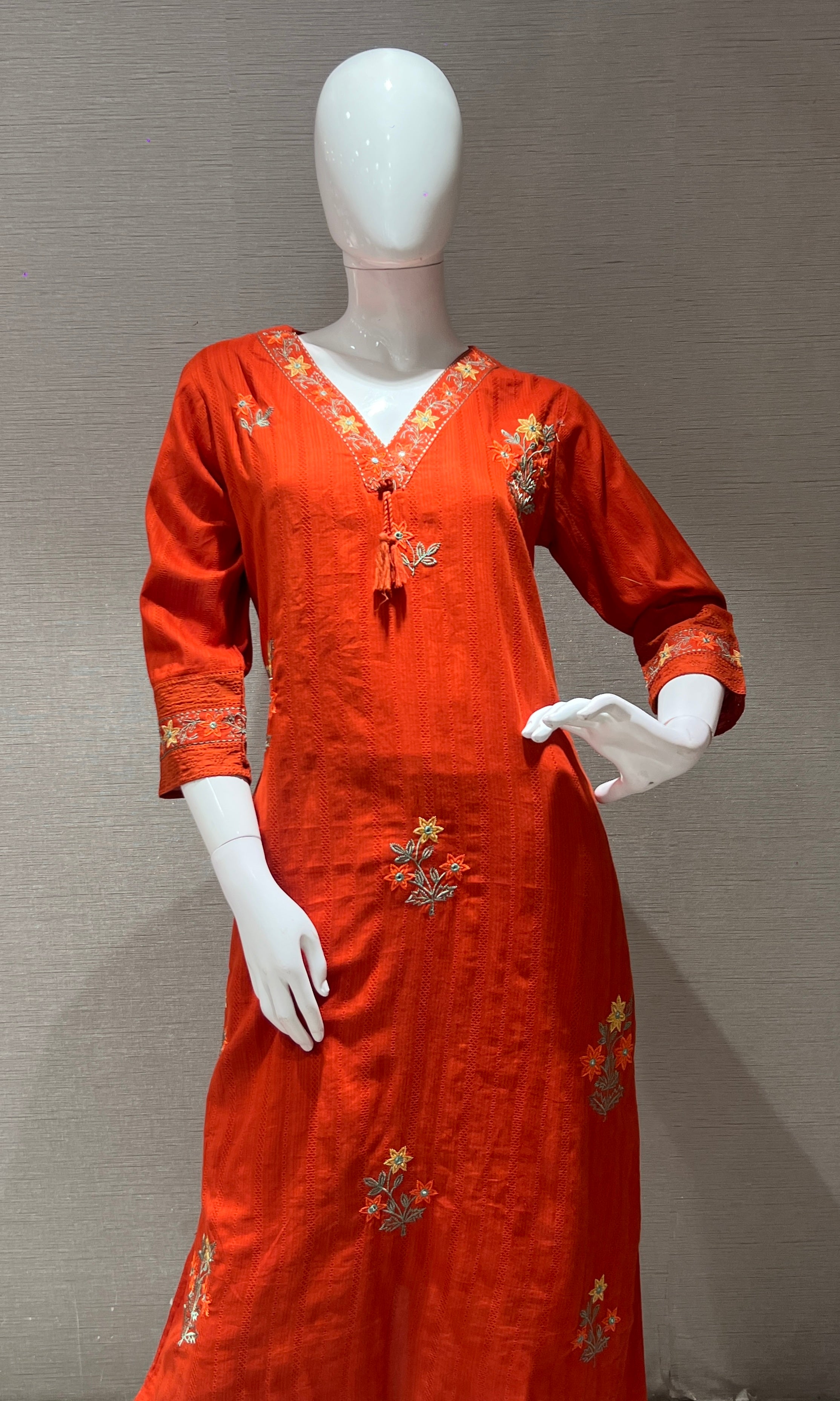 Rust Orange Floral Embroidered Kurta Set