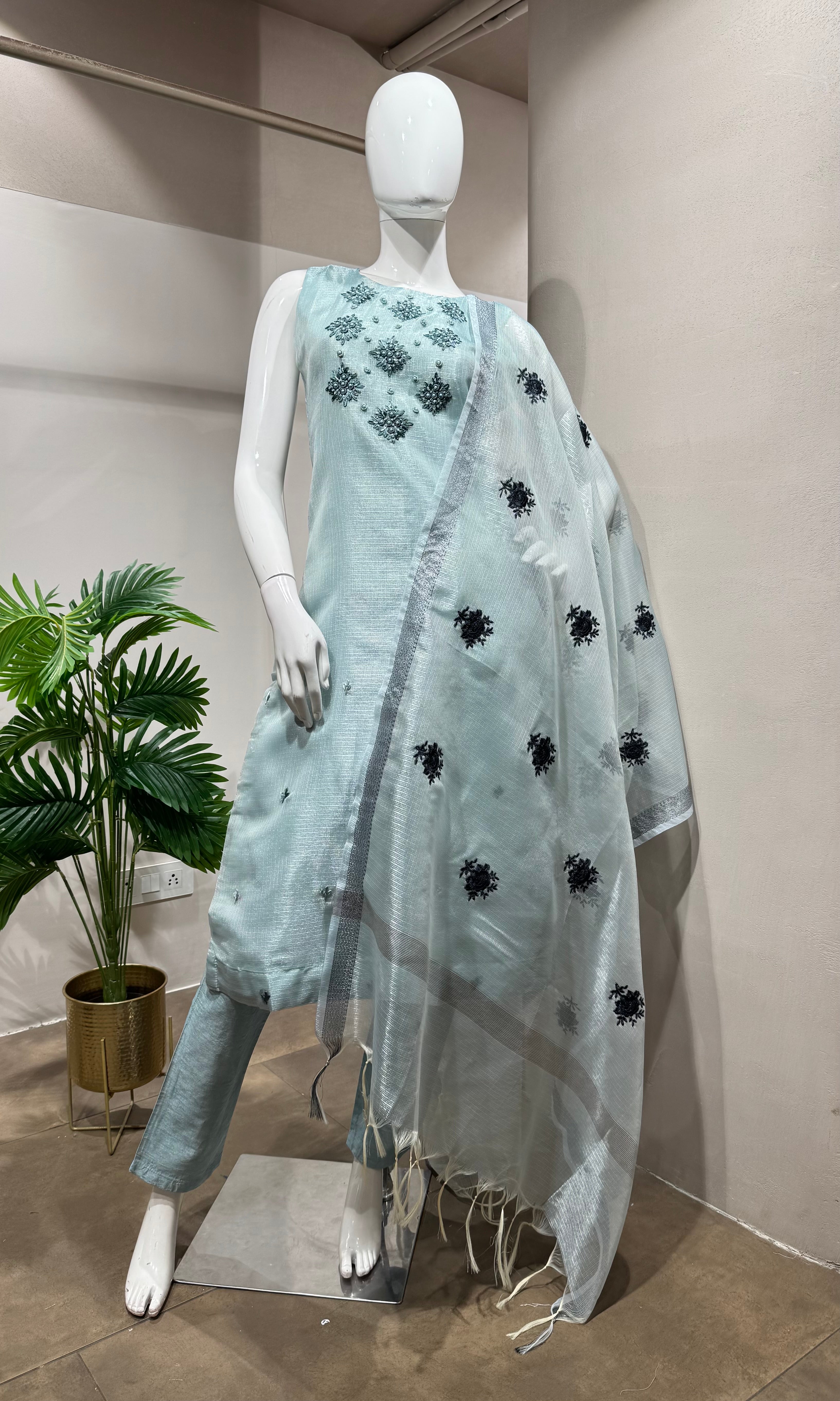 Sea Blue Kota Doria Embroidered Kurta Set