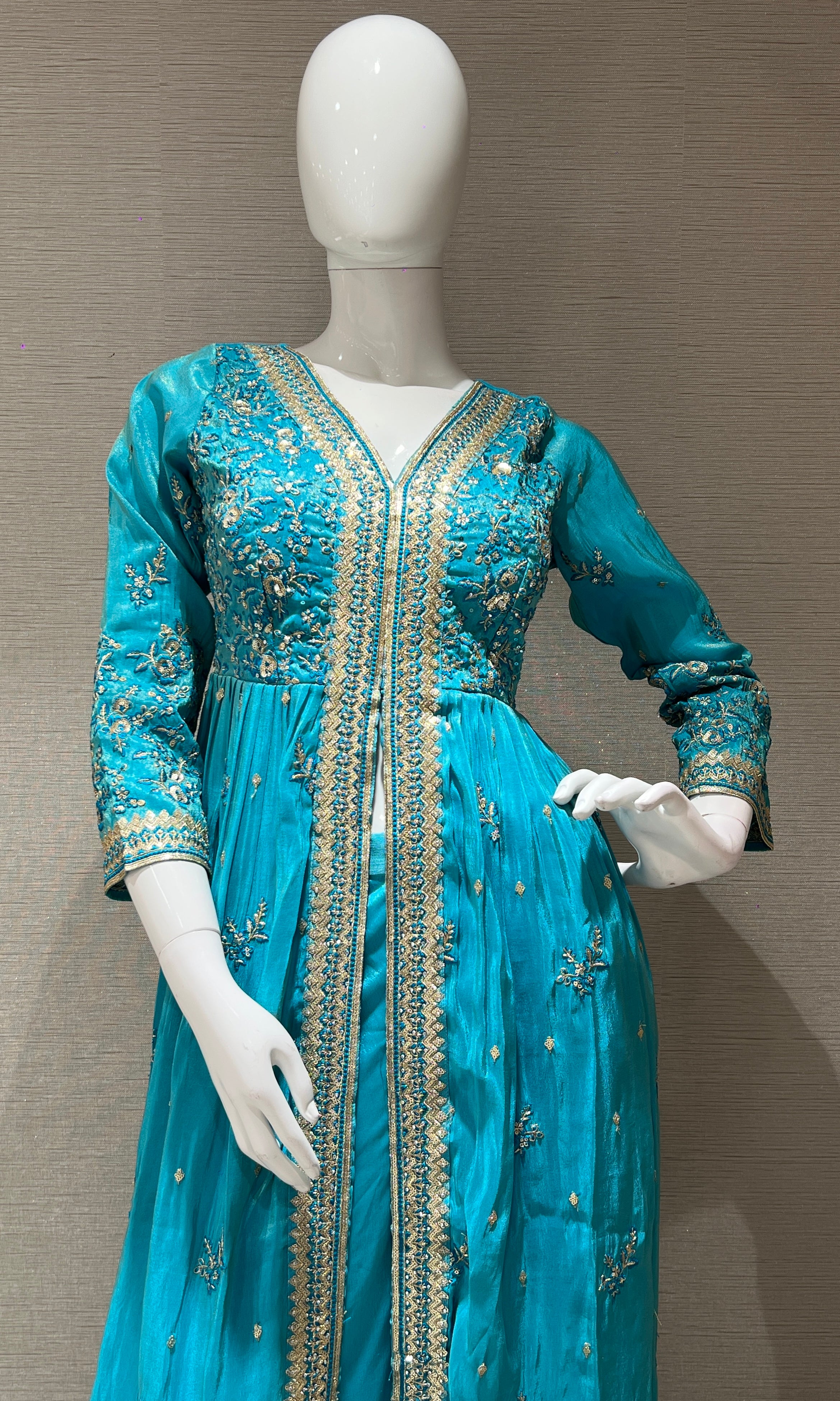 Sea Blue Front Slit Anarkali With Palazoo
