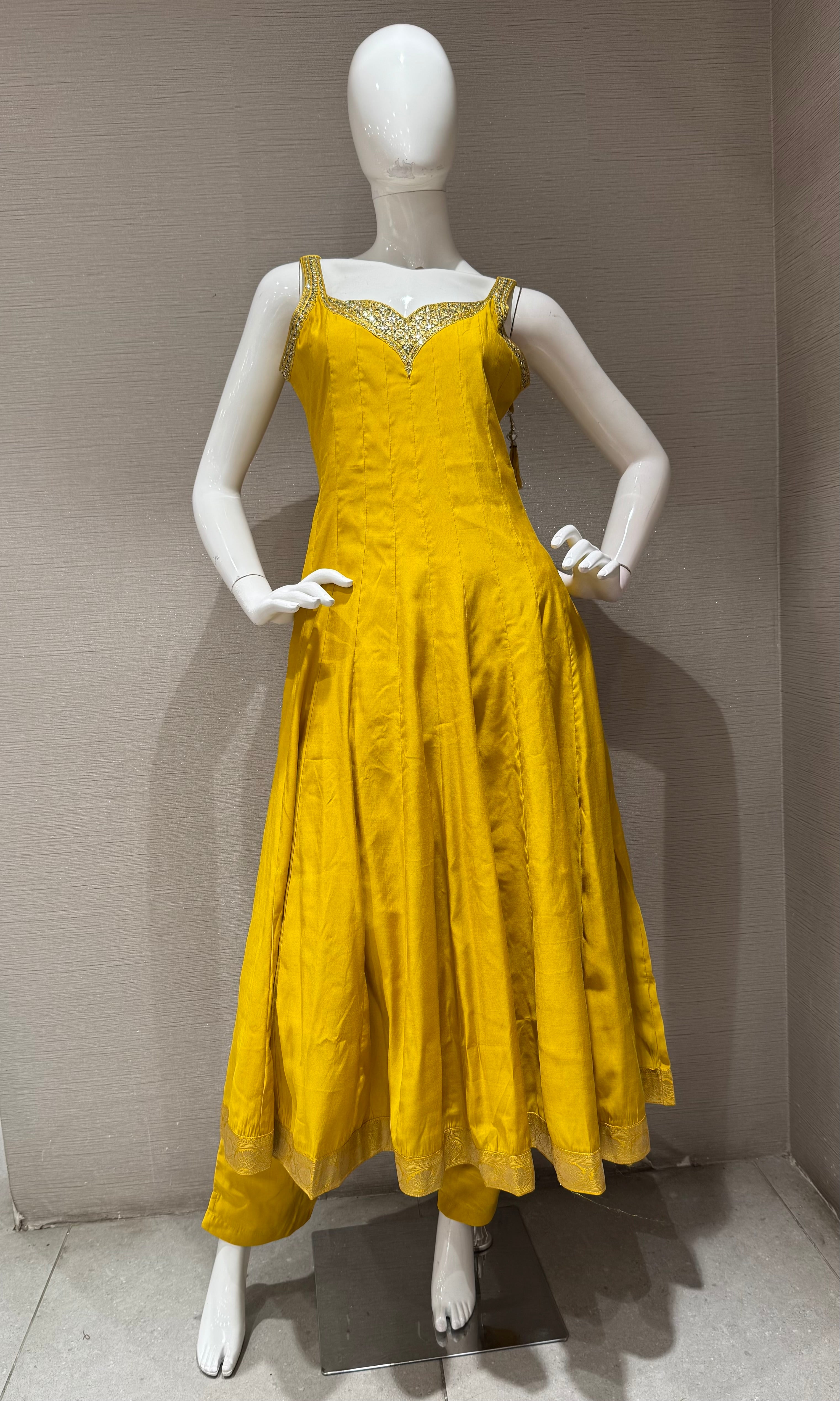 Yellow Silk Anarkali set with Contrast Green Dupatta