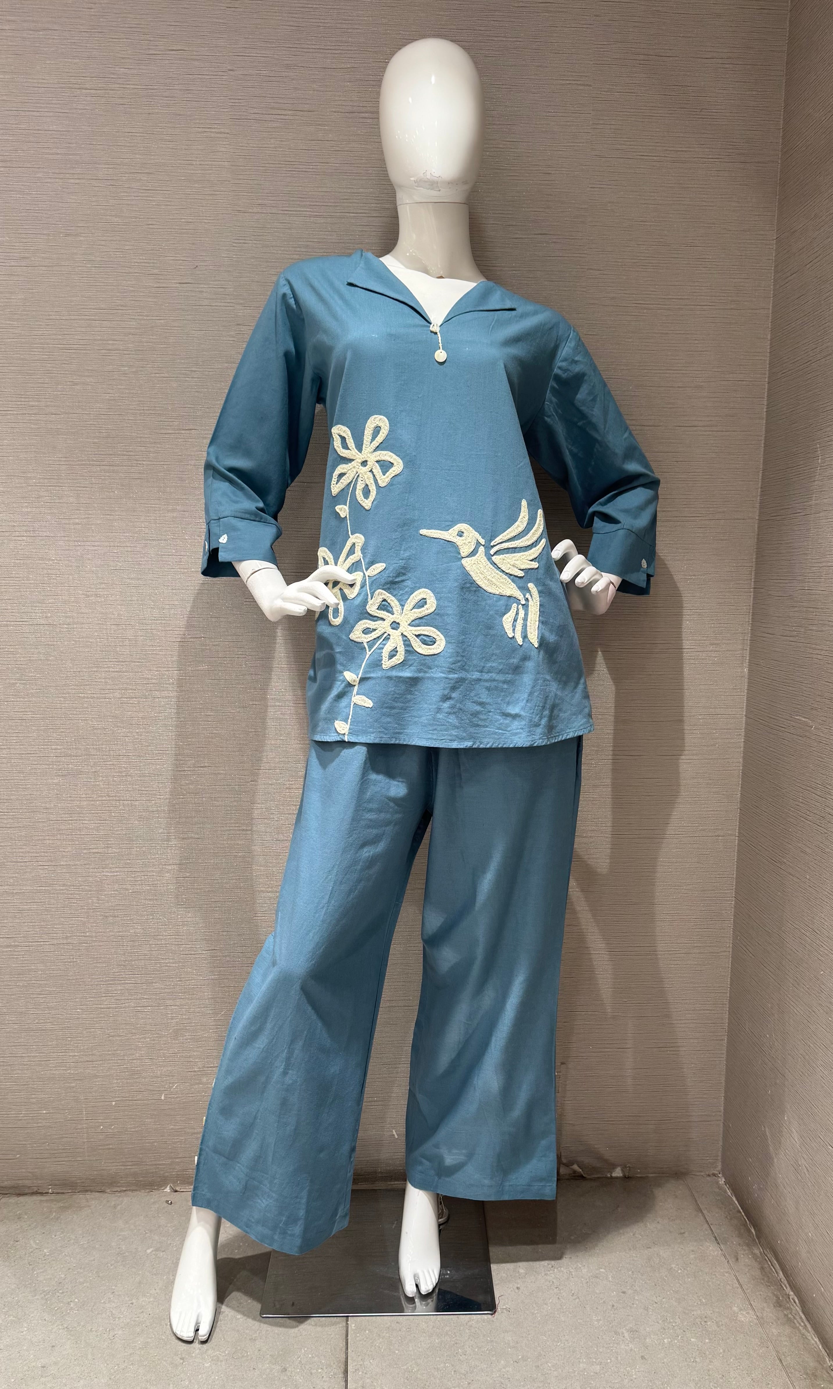 Blue Floral With Bird Embroidered Cord Set