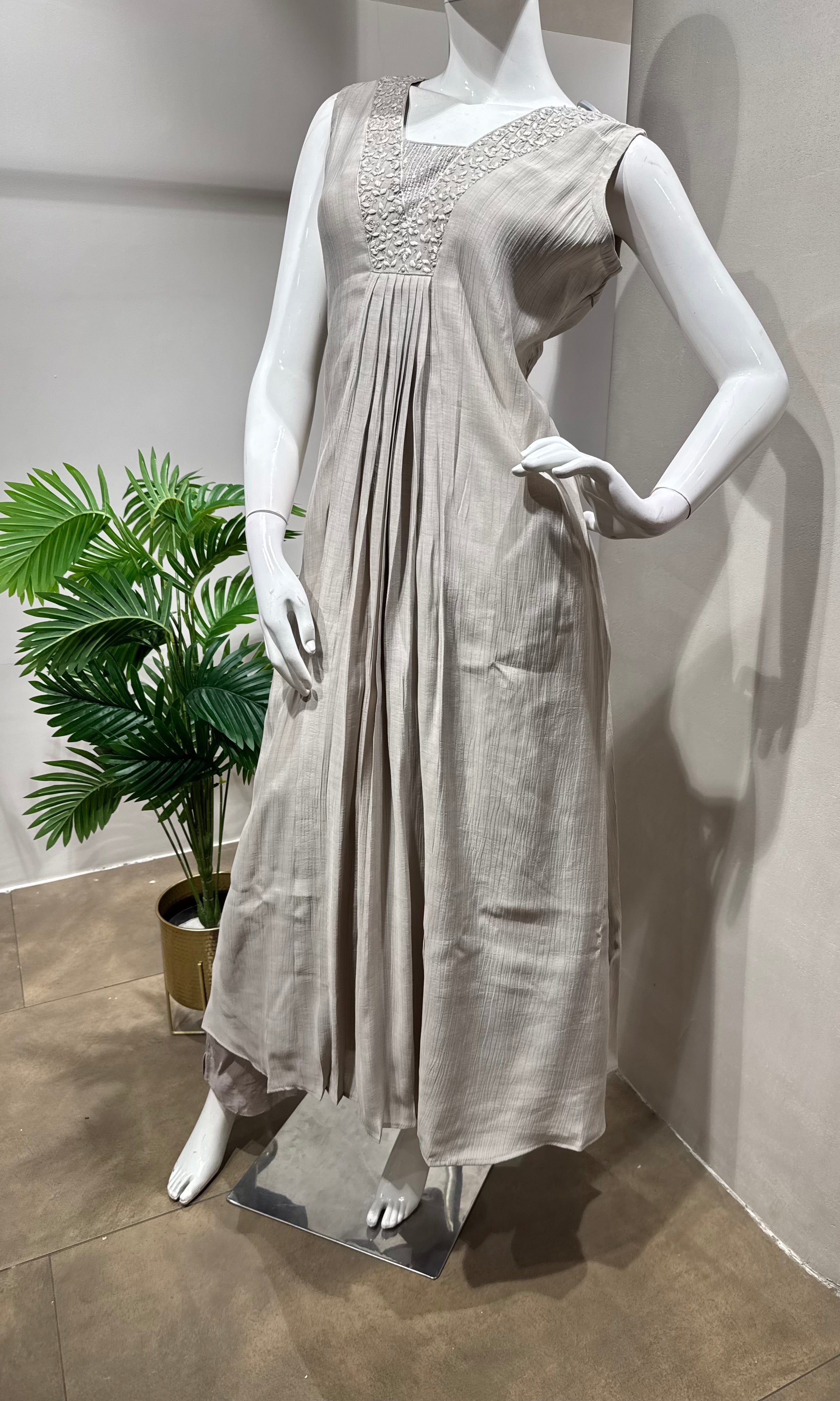 grey embroidered a line kurta set