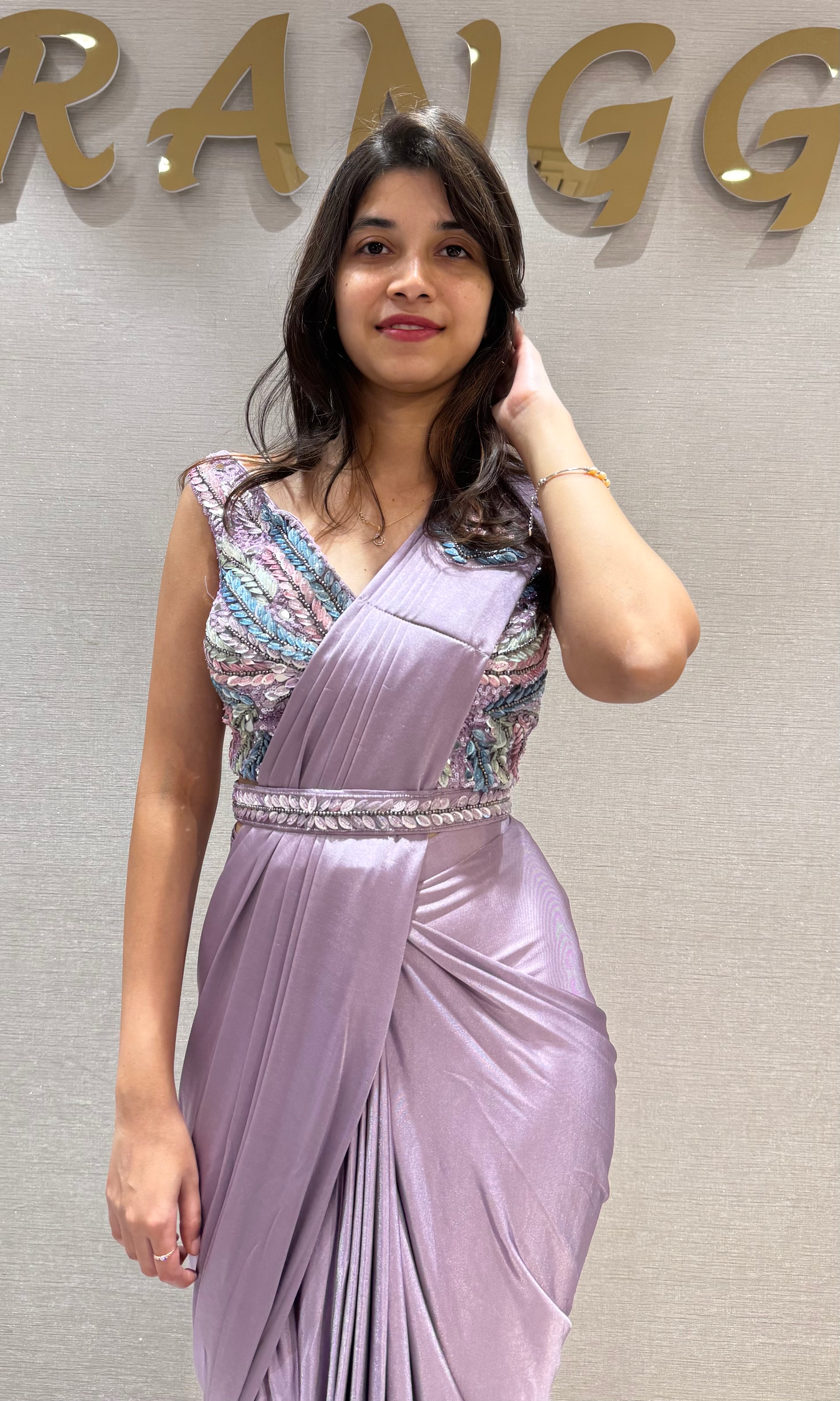 Lavender Draped Saree with Embroidery Blouse