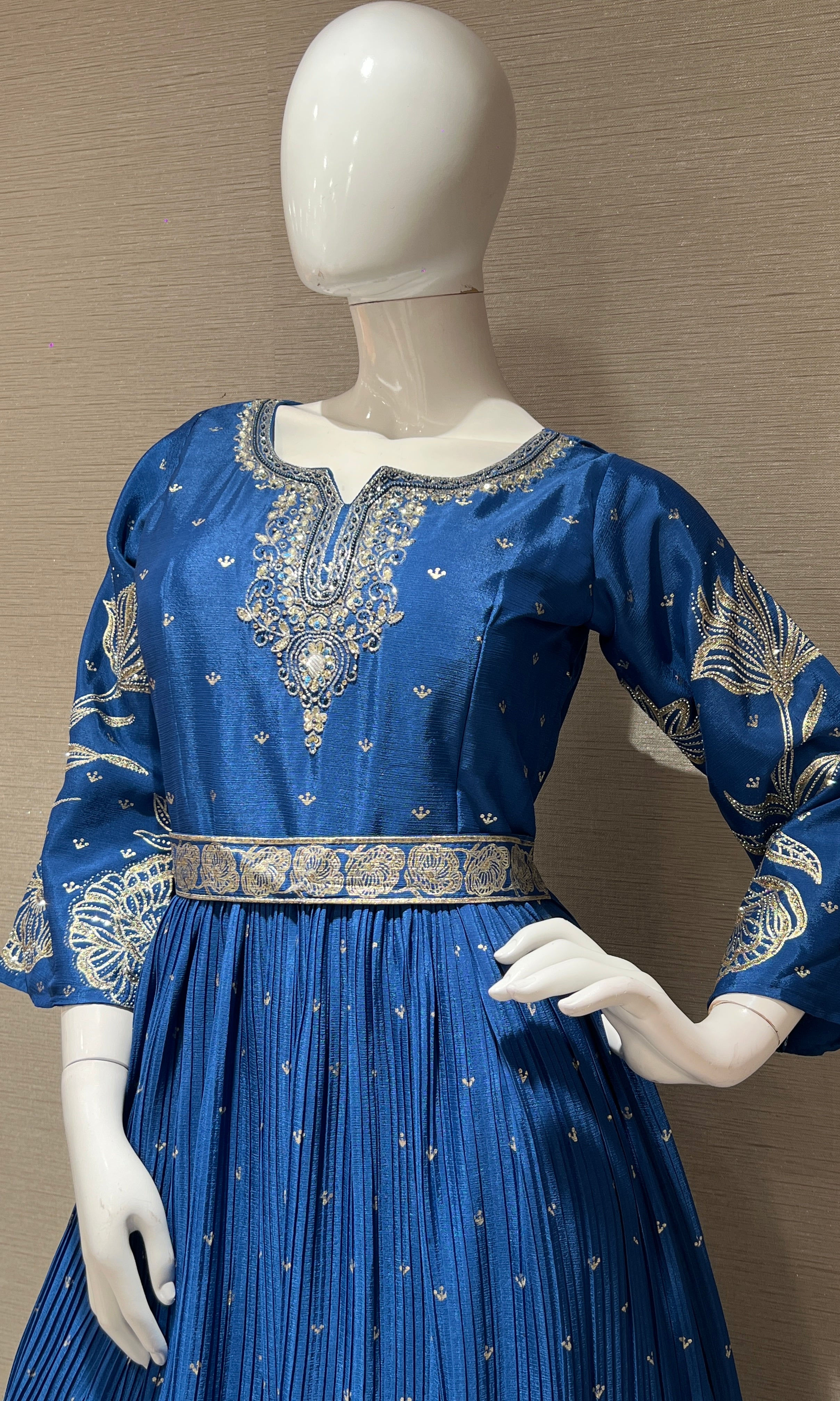 Dark Blue long anarkali with gold embroidered