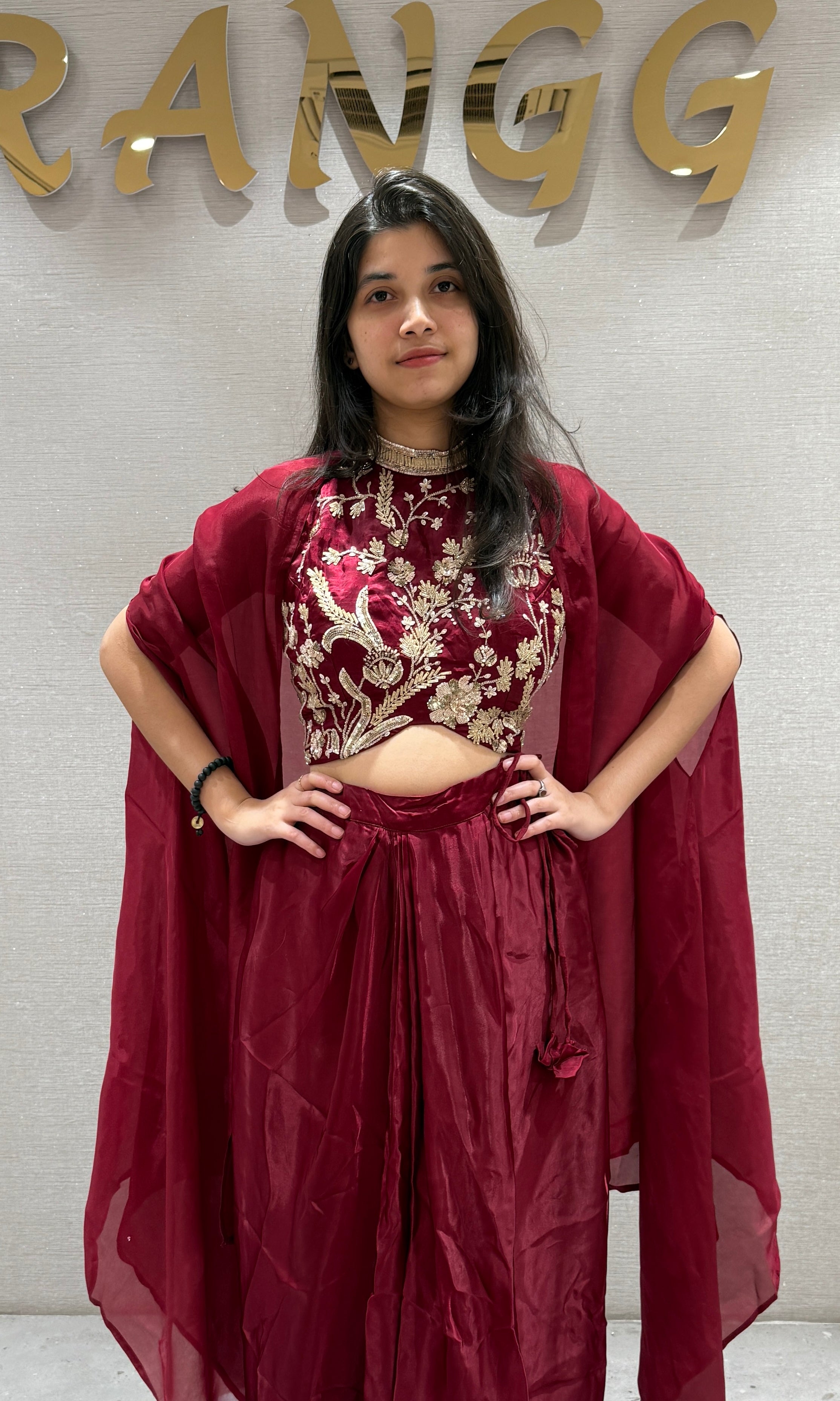 Maroon Embellished drape skirt with cape