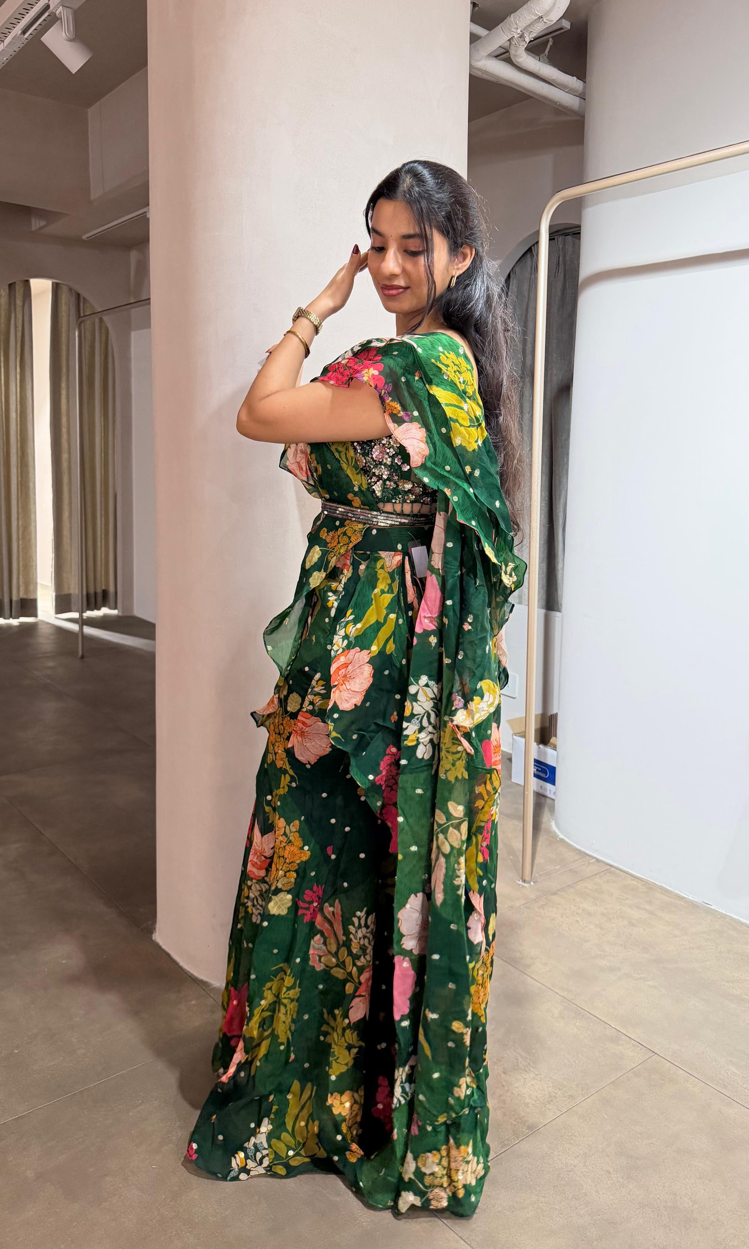 Green MULTI FLORAL drape saree