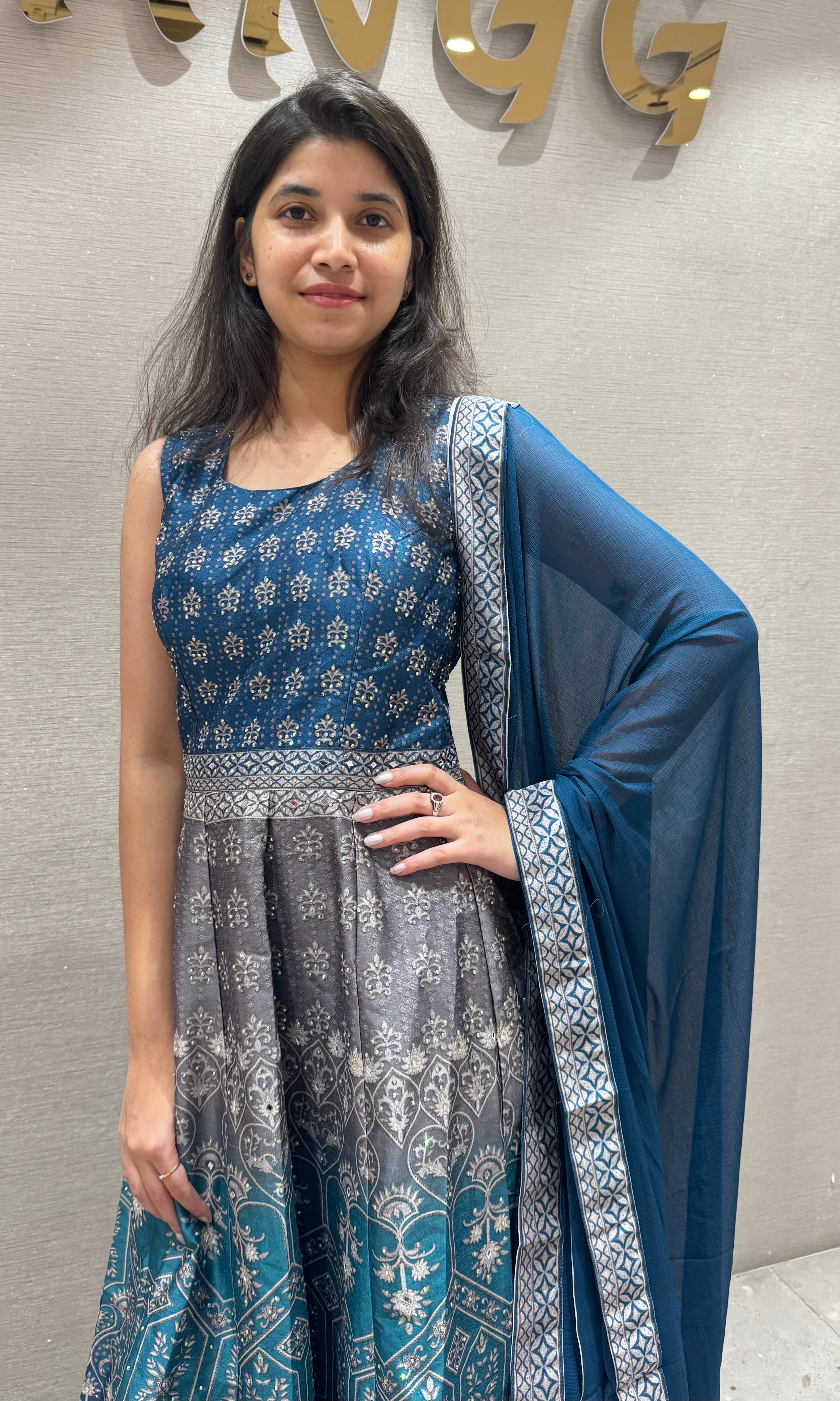 blue and grey embroidered anarkali