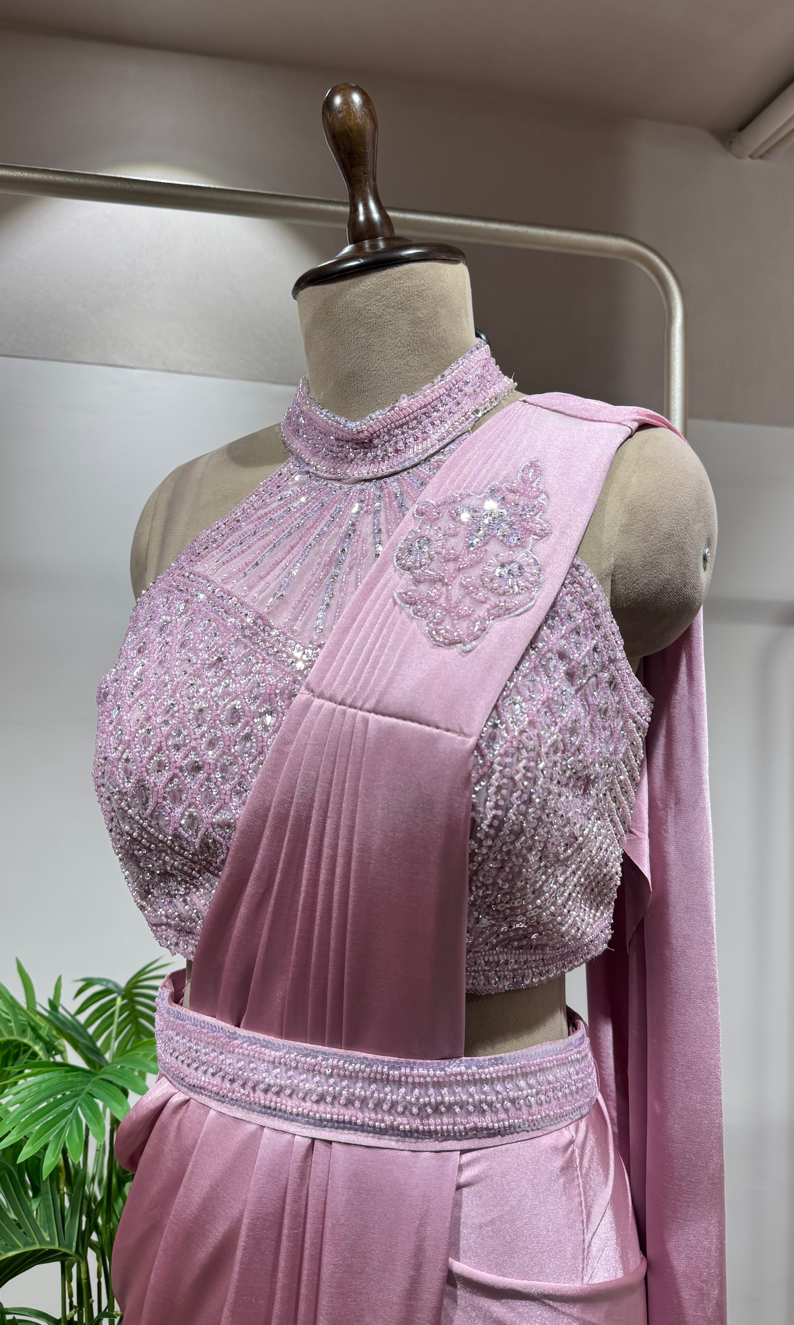 Pink Drape Saree with High Neck Blouse