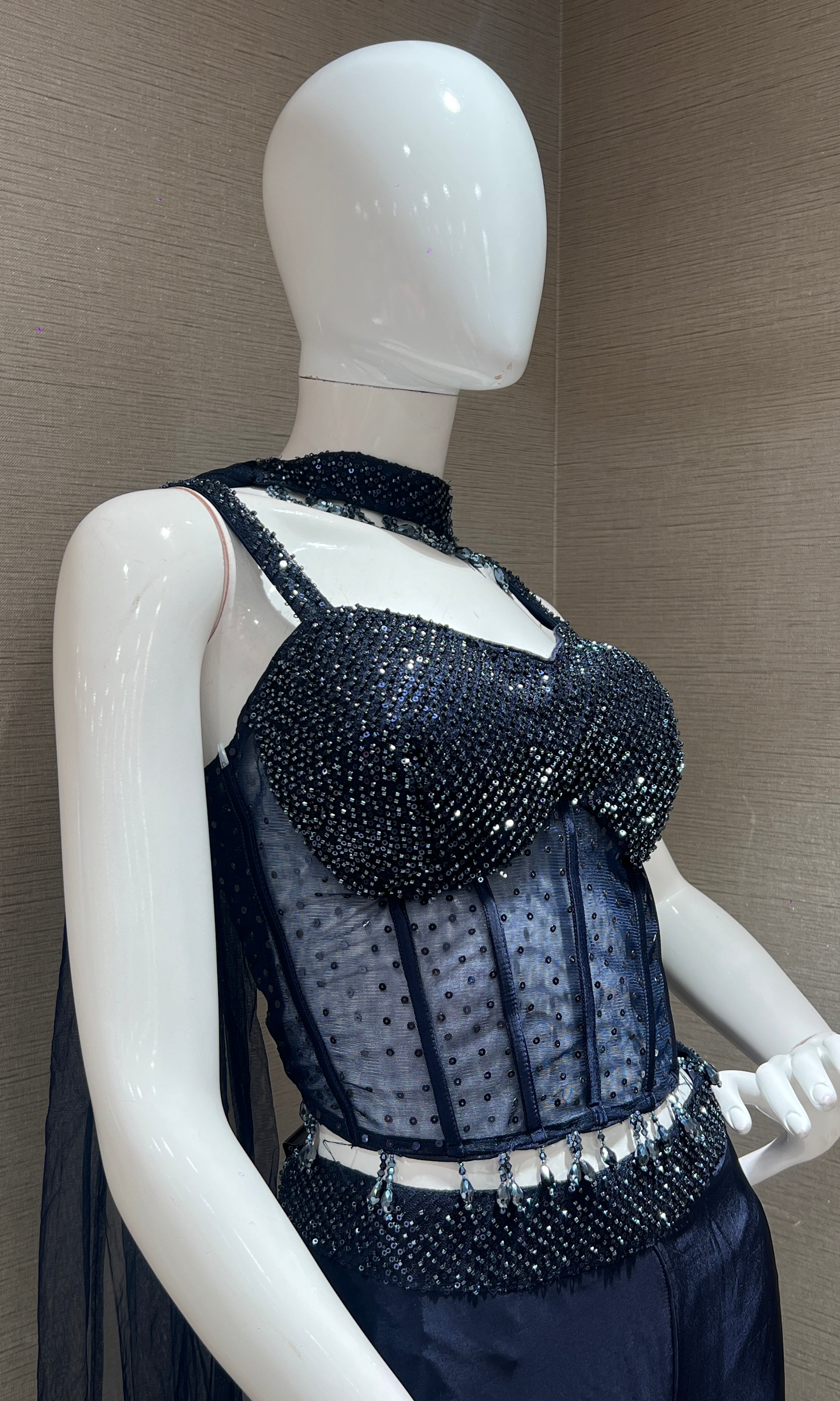 blue embellished corset and pleated palazzo set