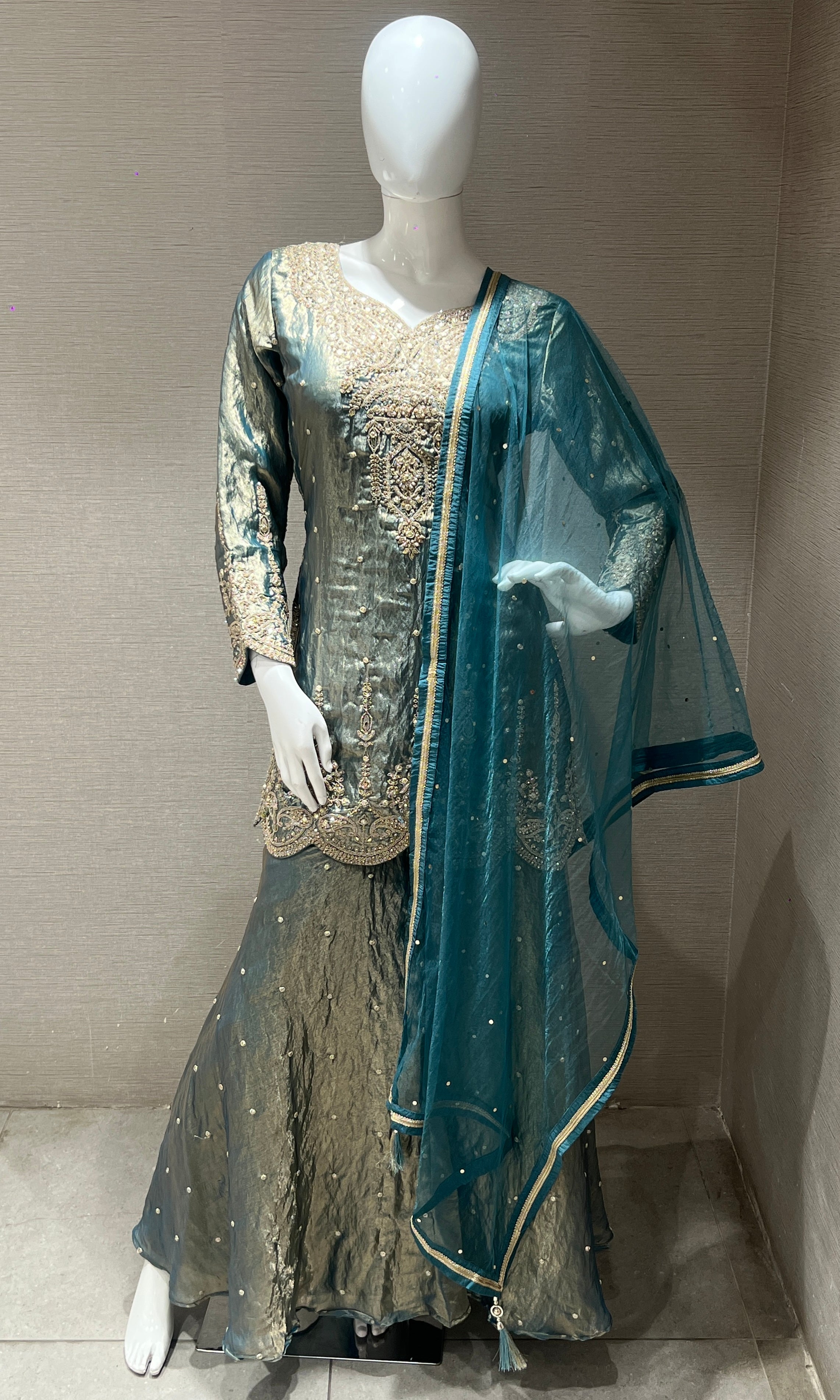Sea blue Embroidered Sharara Set