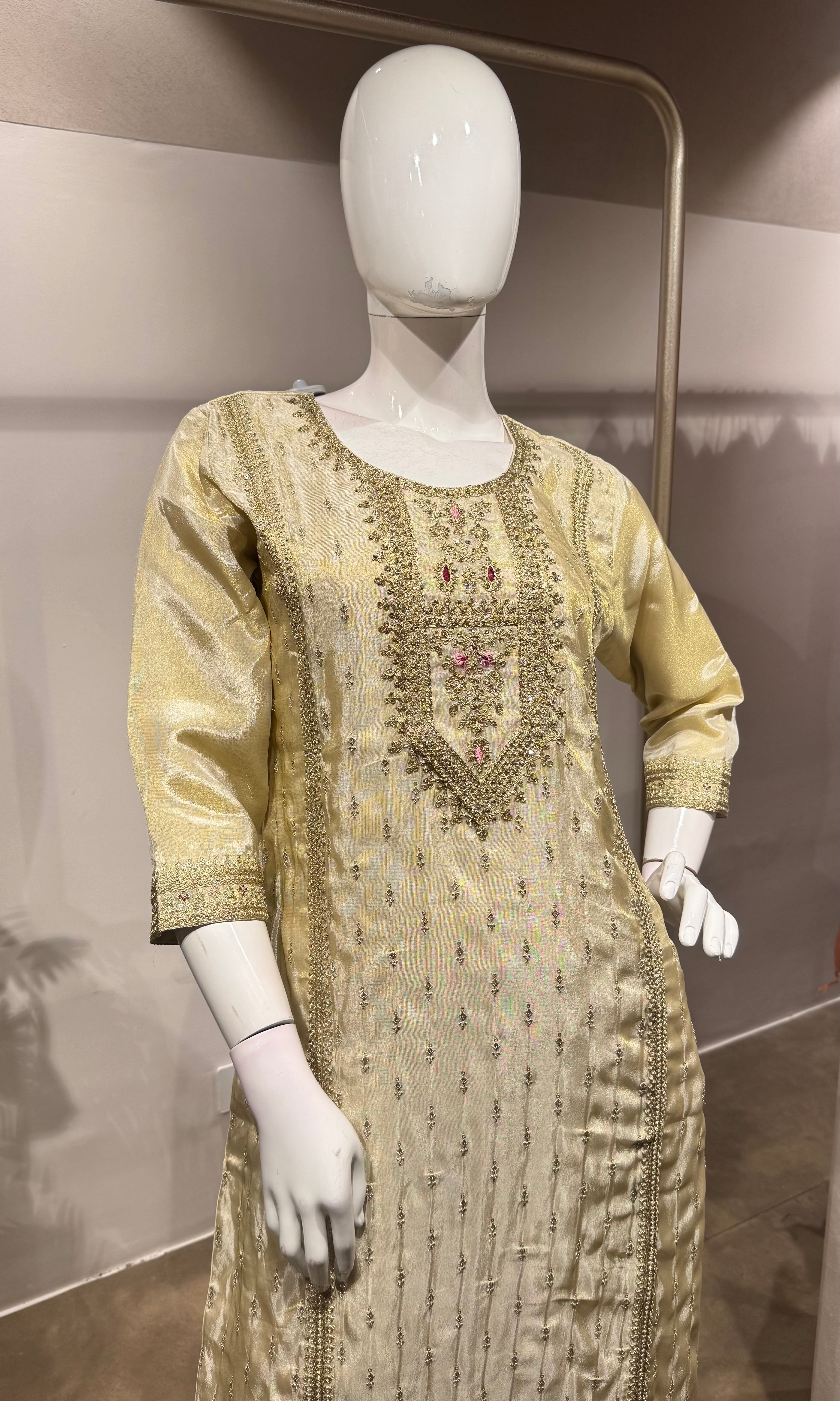 Cream Embroidered Salwar Set with Pink Dupatta