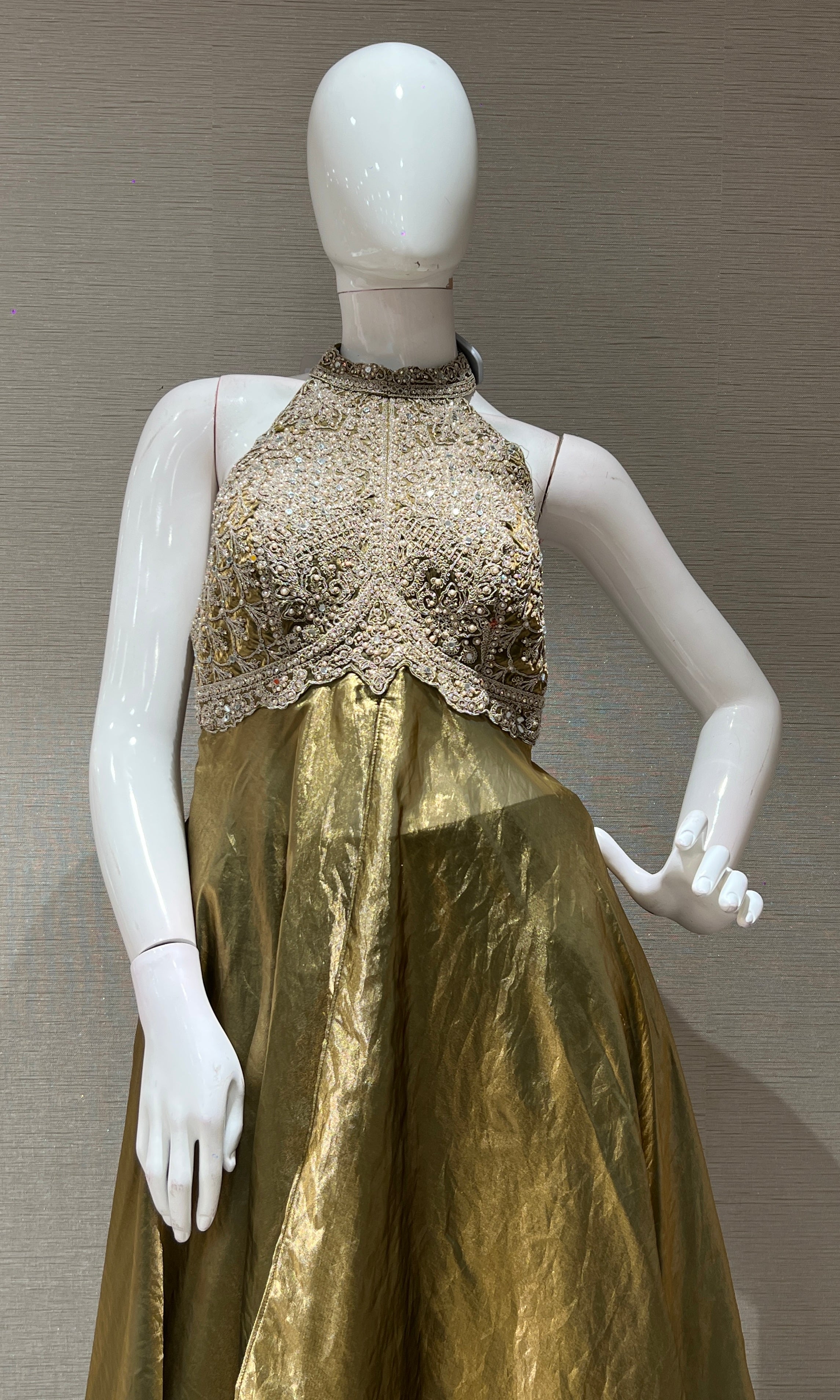 GREEN HALTER NECK ANARKALI WITH FLARED PANTS