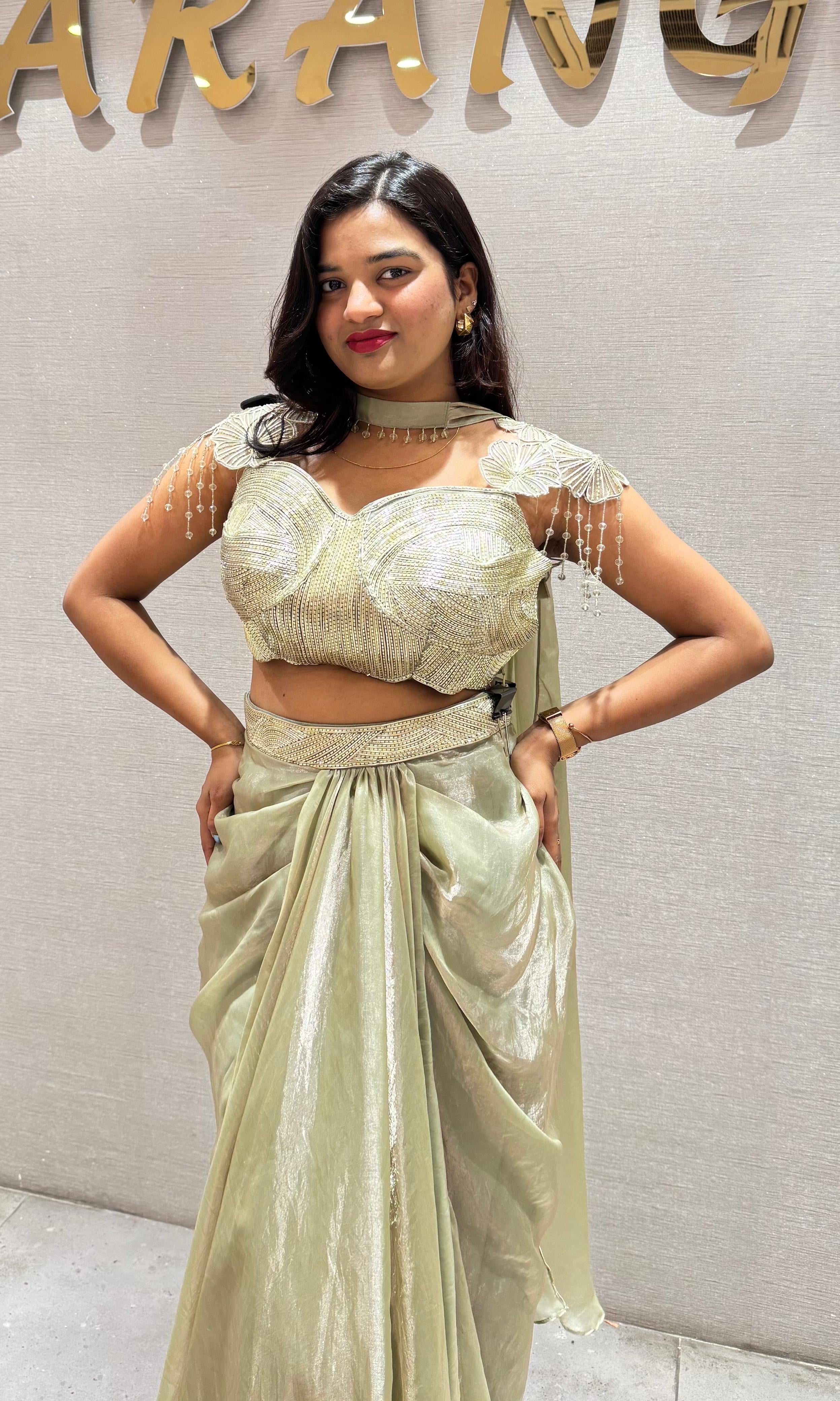 GREEN draped SKIRT with embellished blouse