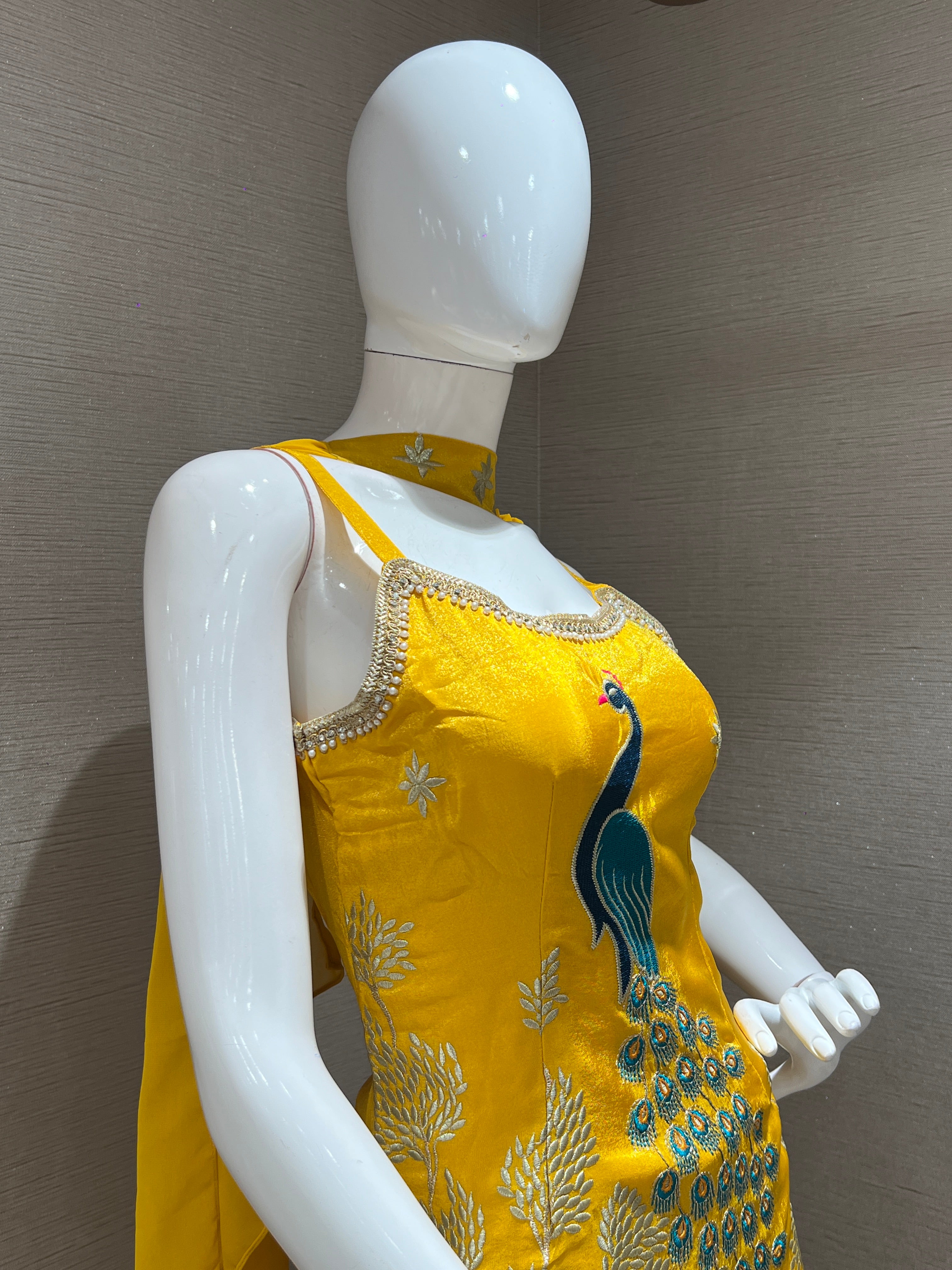 YELLOW PEACOCK EMBROIDERED PALAZZO