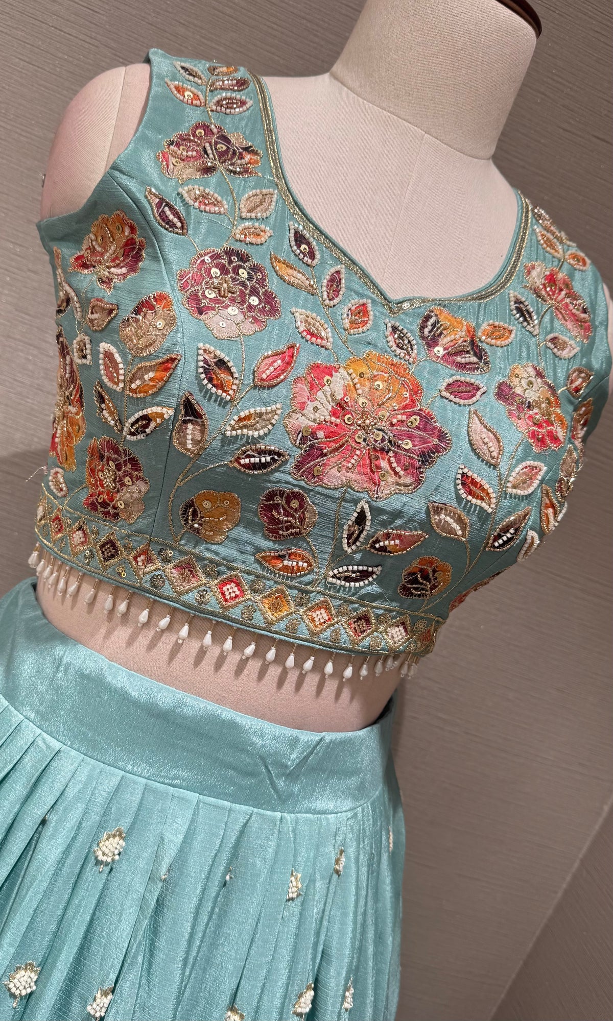 Sea blue Tissue silk Multi Floral Crop Top Lehenga set