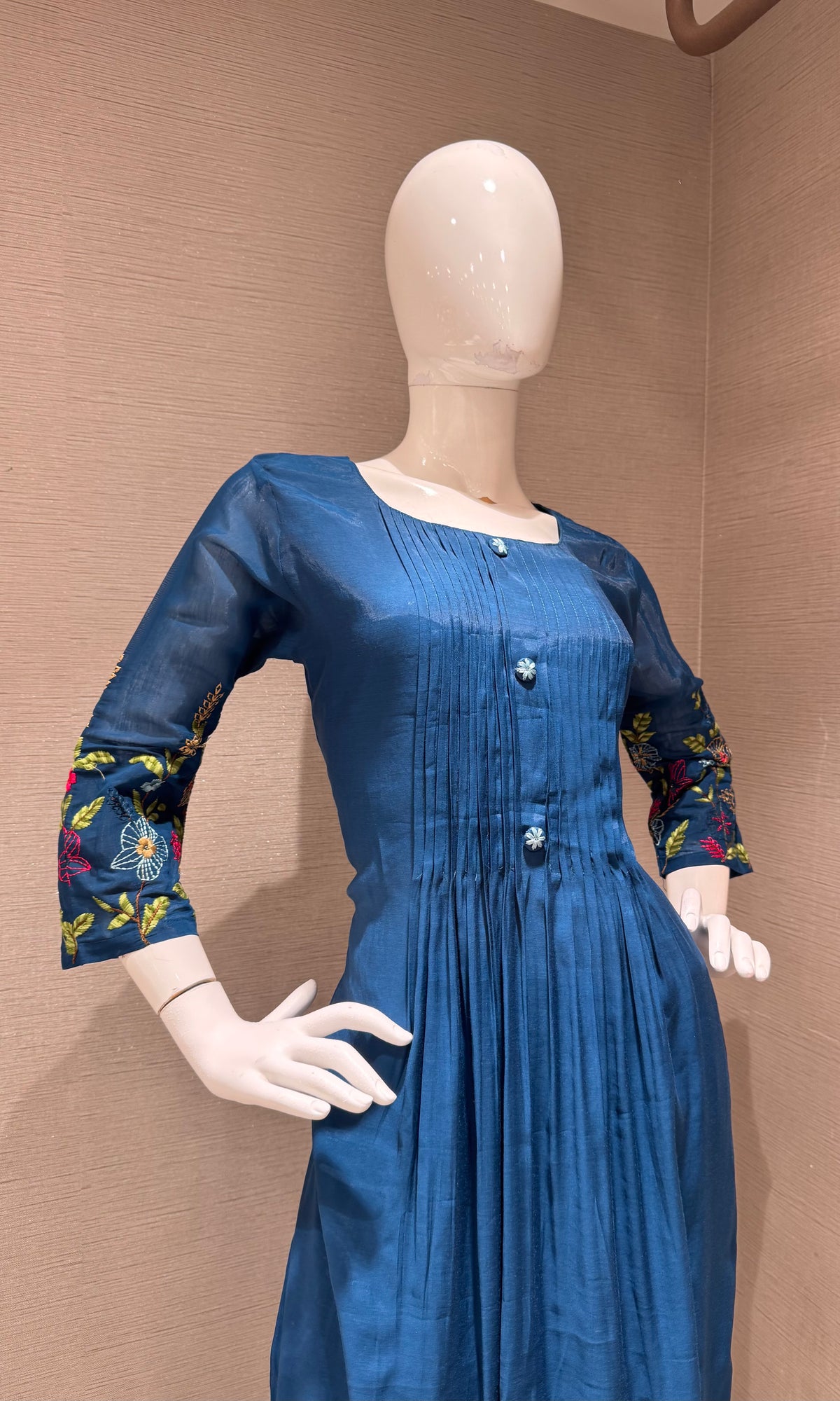 Navy Blue Floral Mul Chanderi Kurta set with dupatta