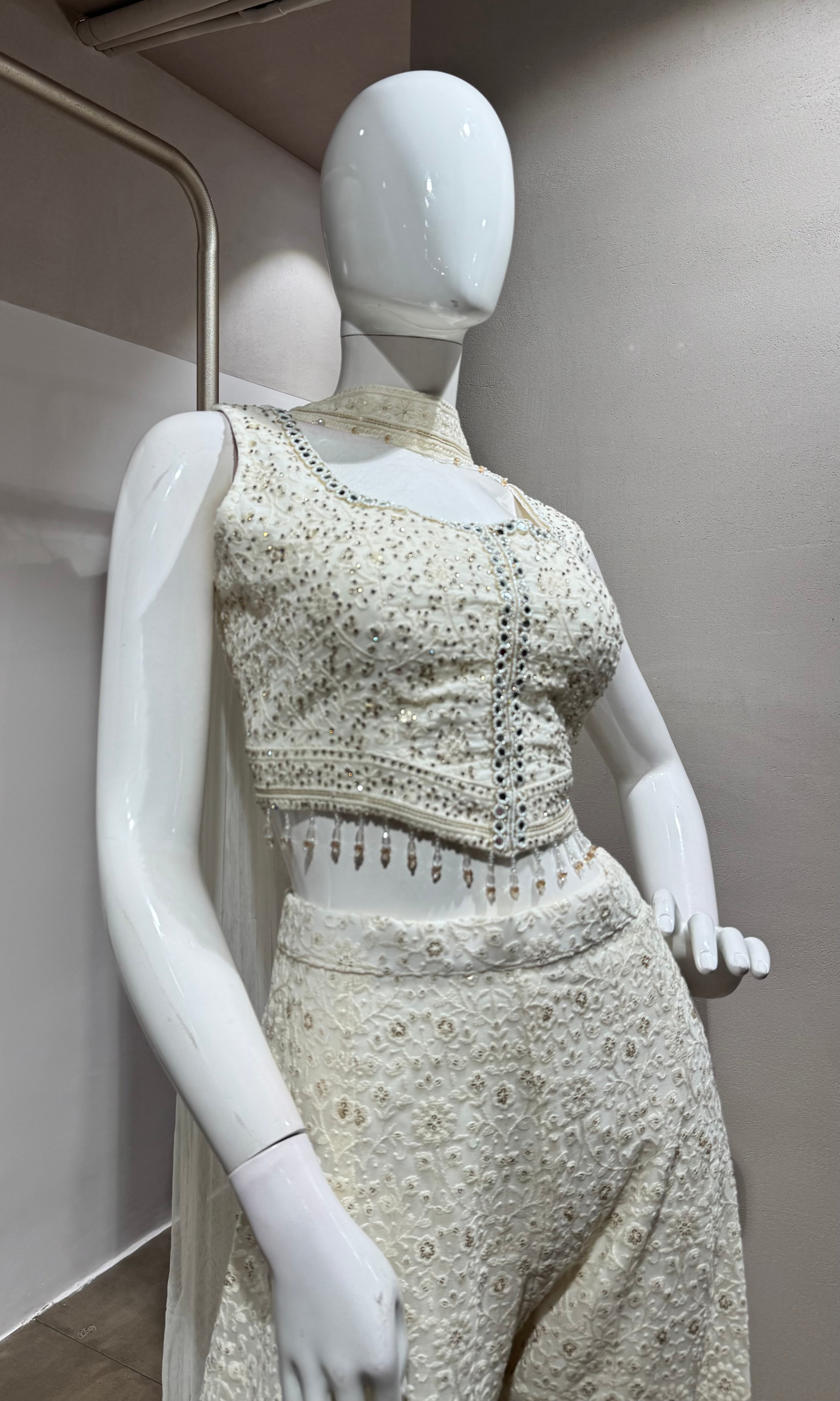 White EMBELLISHED Crop Top WITH Palazzo Set