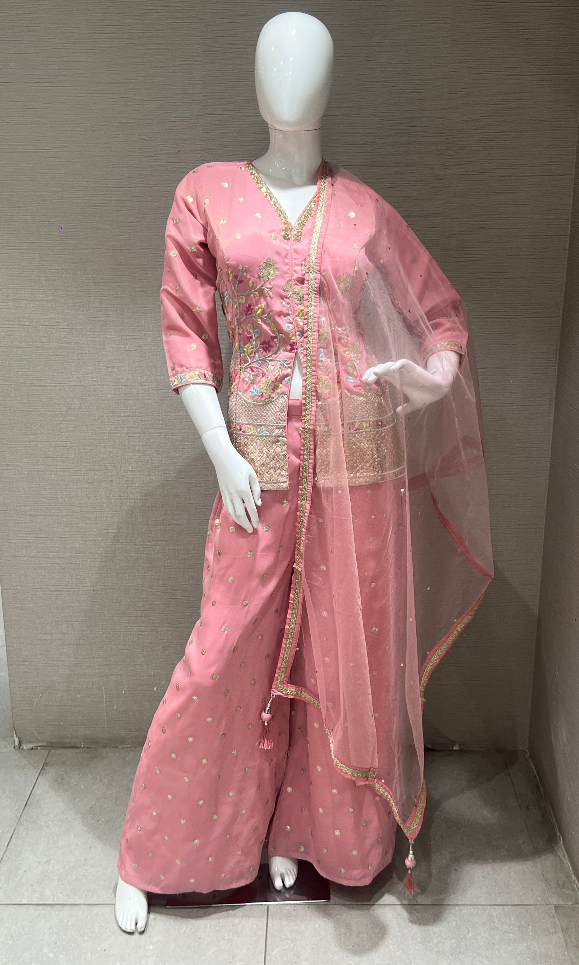 Rose Pink Floral Embroidered Palazzo set