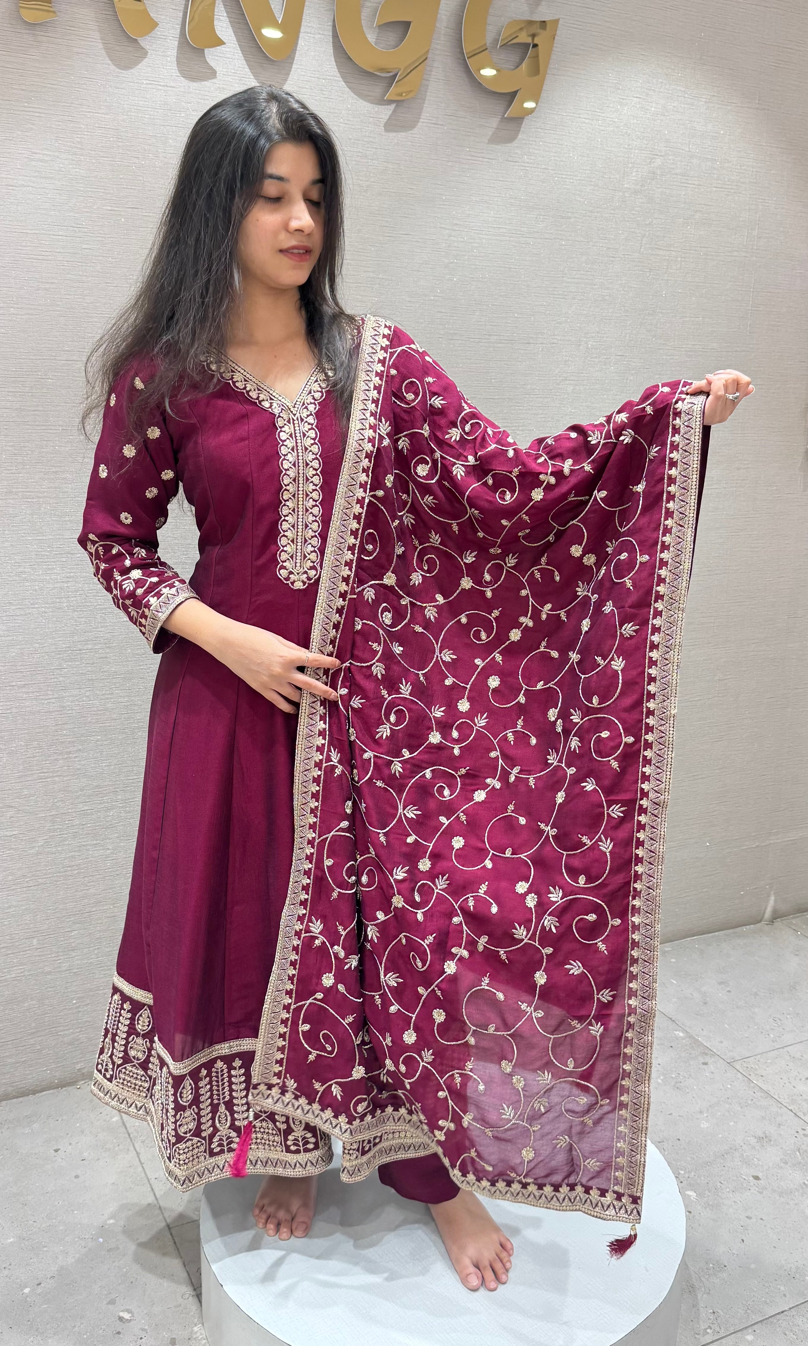Wine Silk Embroidered Anarkali Set
