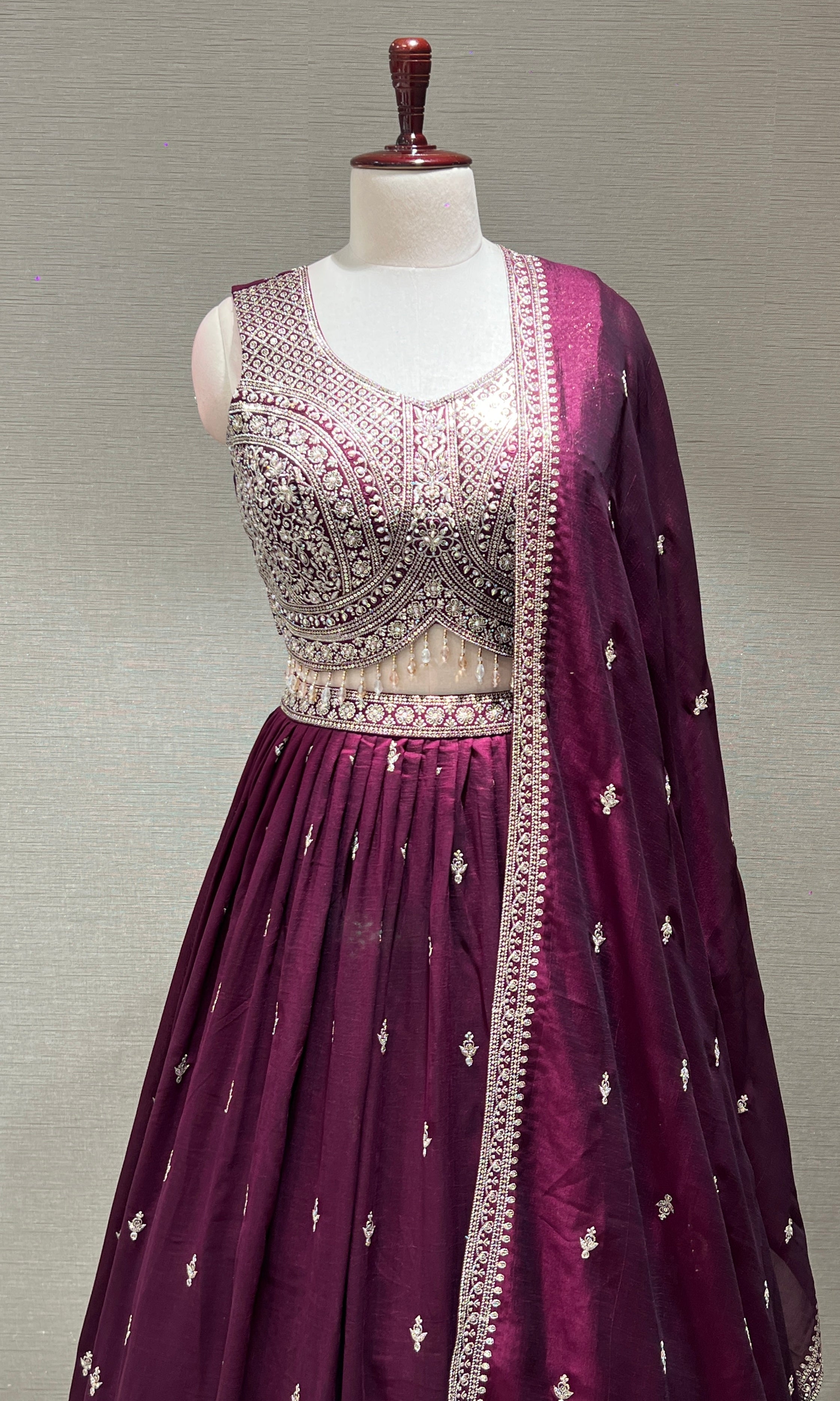 Wine Heavy Mirror Embroidered Lehenga