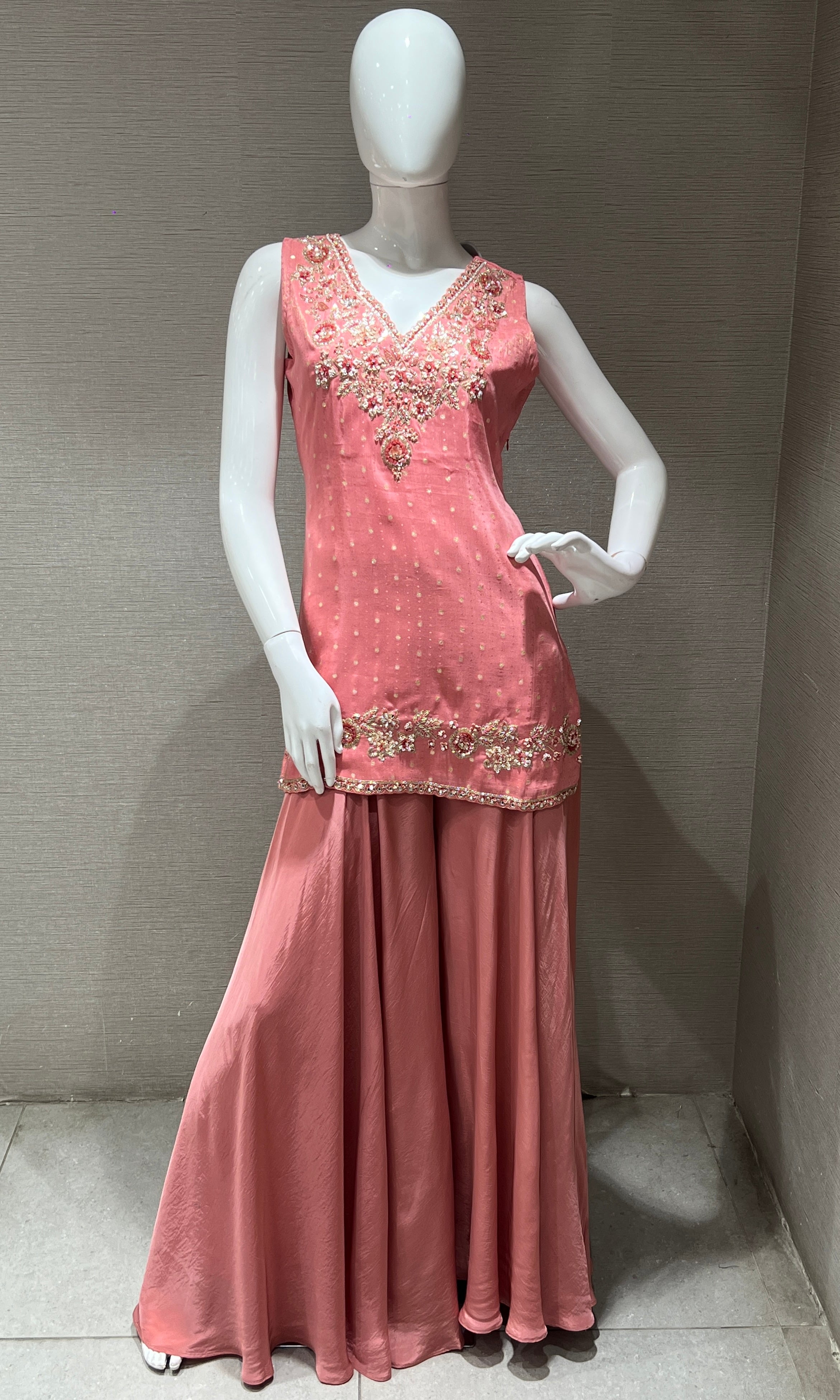 Rose Pink Short Kurti Embroidered Palazzo Set